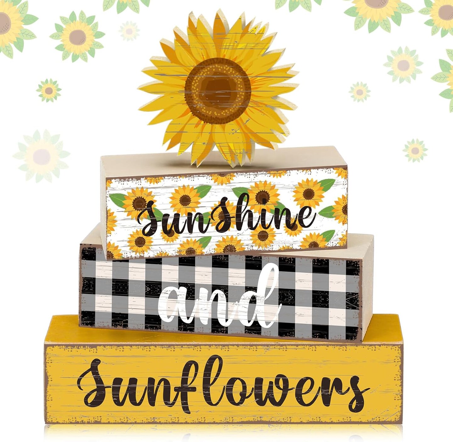 4PCS Sunflower Wooden Table Decor – Rustic Farmhouse Tiered Tray & Centerpieces