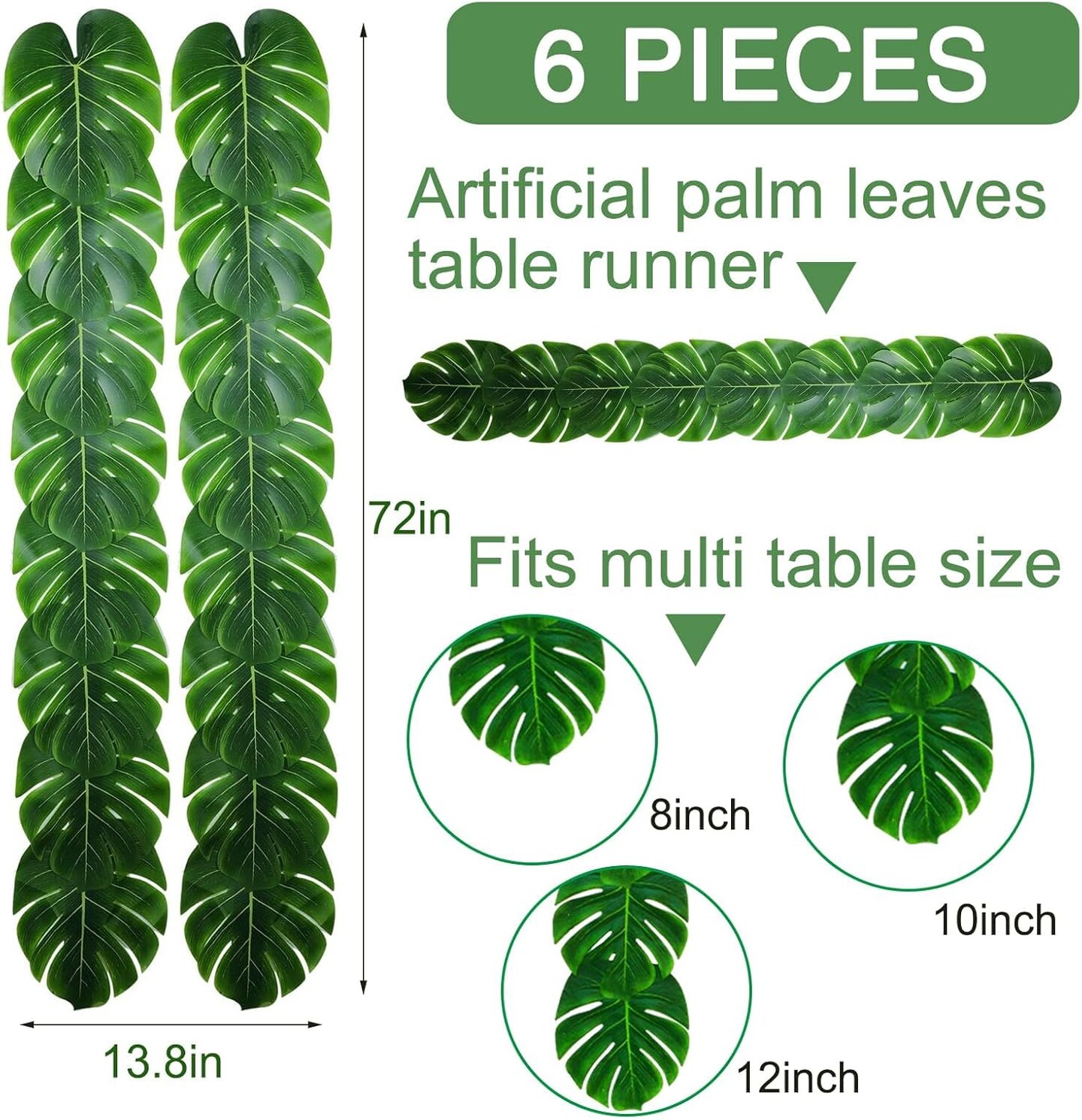 Artificial Palm Leaves Table Runners 72 Inch, Tropical Palm Leaves Table Runner Faux Leaf Table Cloth for Wedding Hawaiian Luau Theme Party Supply Summer Table Wall Decorations (6)