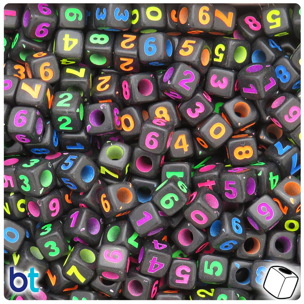 BeadTin Black Opaque 7mm Cube Plastic Alpha Beads - Colored Number Mix (200pcs)