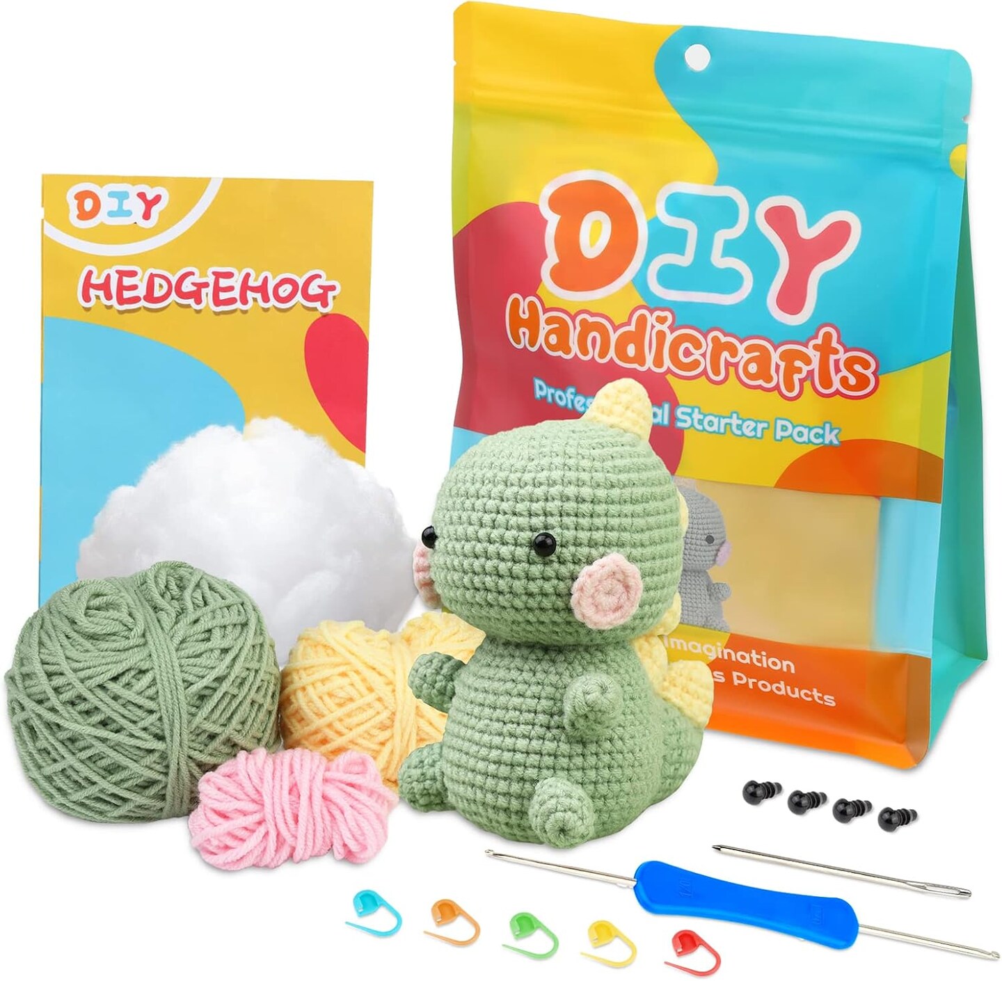 Beginners Crochet Kit, Crochet Animal Kit, Knitting Kit with Yarn, Polyester Fiber, Crochet Hooks, Step-by-Step Instructions Video, Crochet Starter Kit for Beginner DIY Craft Art (Dinosaur)