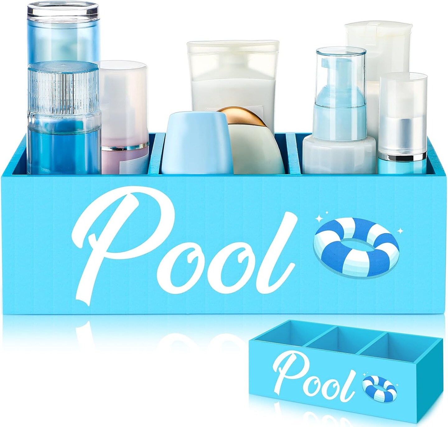 Summer Storage Basket Blue Pool Wooden Box with Three Compartments Toilet Tank Tray for Indoor Outdoor Swimming Pool Decor Sunblock Sunglasses Pool Toy Storage Box