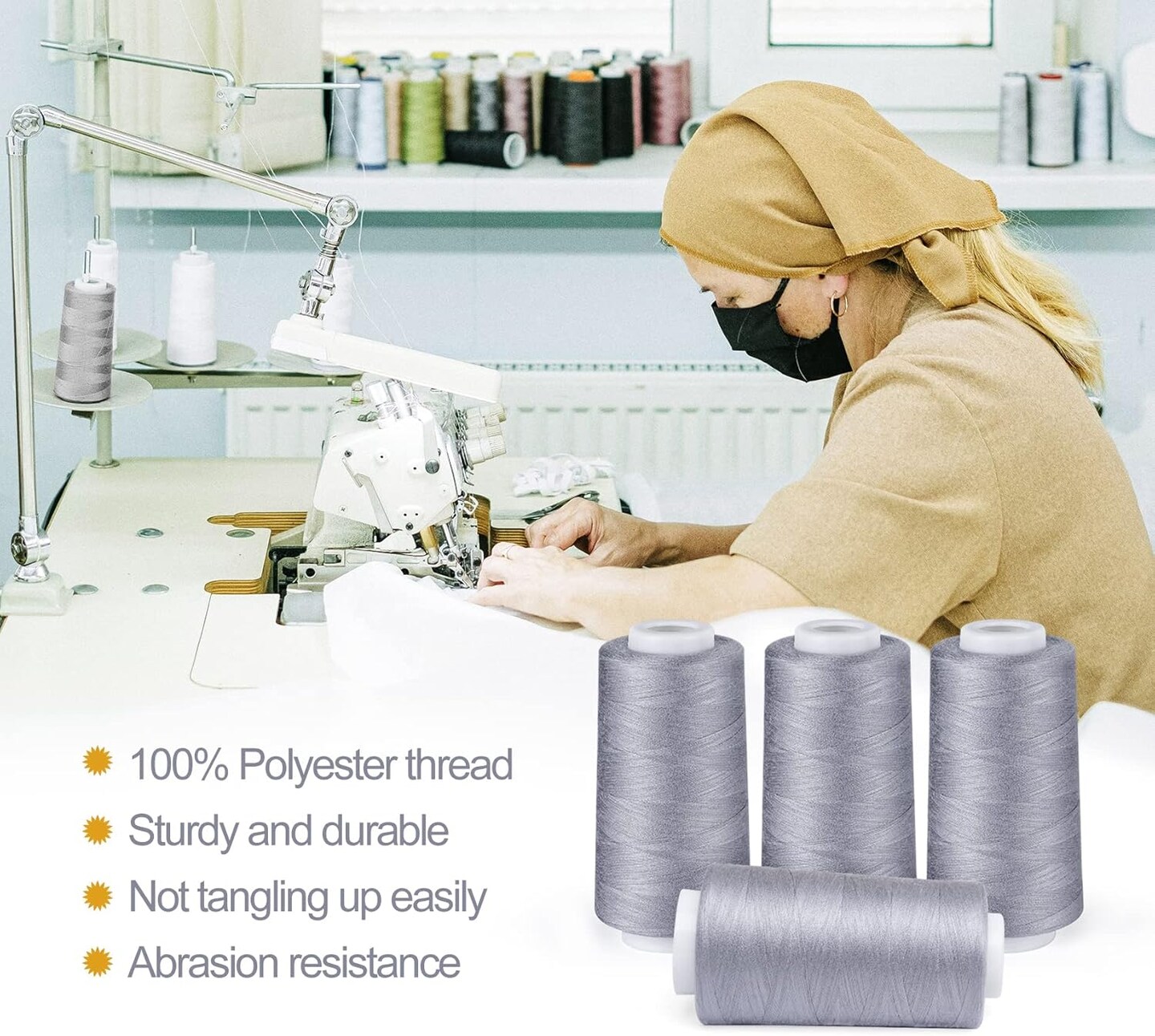 3000 Yards Serger Thread of 4 Cones Each Spool 100% Polyester Sewing Thread All Purpose Sewing Thread for Serger Sewing Machine, Overlock Cone Sewing Supplies, 40S/2 Grey