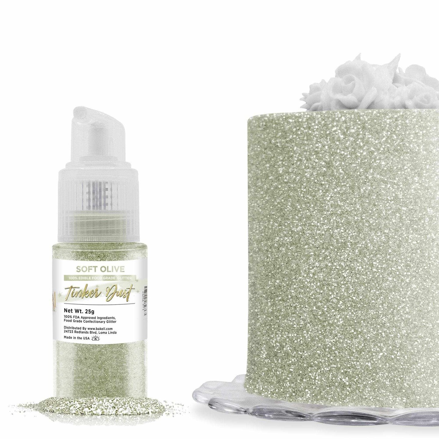 Bakell - Soft Olive Tinker Dust Edible Glitter (25g, 1x Spray Pump) for Food, Desserts, and Beverages!