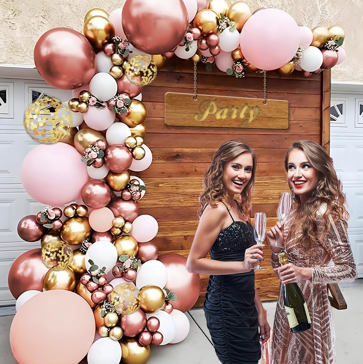 Rose Gold Balloon Kit, 147Pcs Metallic Gold White Pastel Nude Pink and Rose Gold Balloons Garland with Confetti