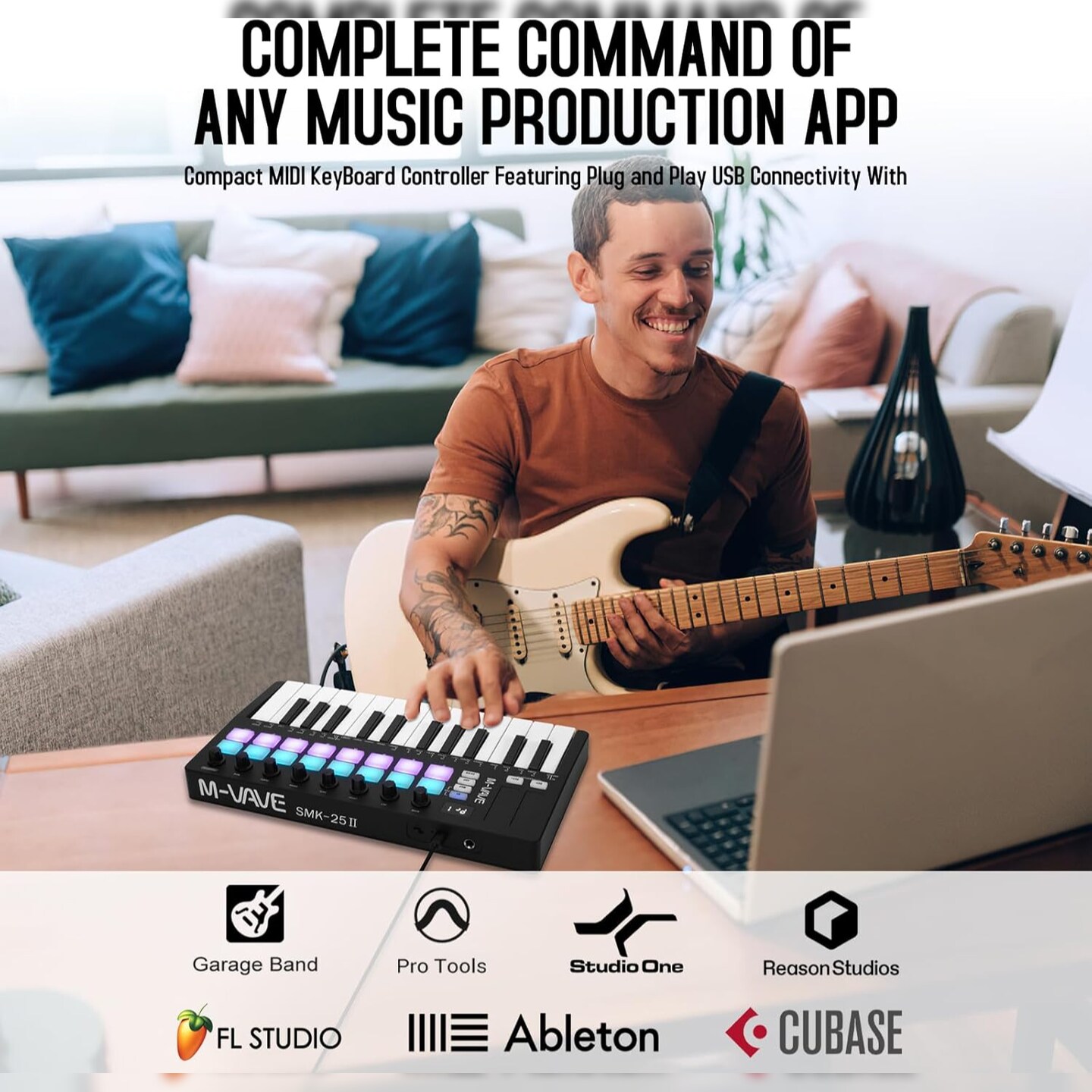 M-WAVE &#x2013; MIDI Keyboard Controller &#x2013; USB Bluetooth &#x2013; 25 Key, 16 Pads, Knobs, DAW Compatible