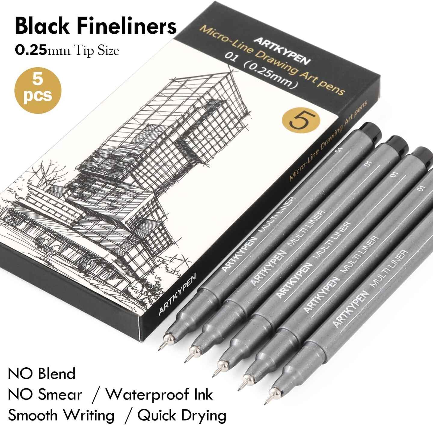 Micro Fineliner Drawing Art Pens: 5 Pack 0.25 mm Black Fine Line Waterproof Ink pen, Artist Supplies for Adults Sketching Anime Manga Watercolor Calligraphy Technical Illustrators