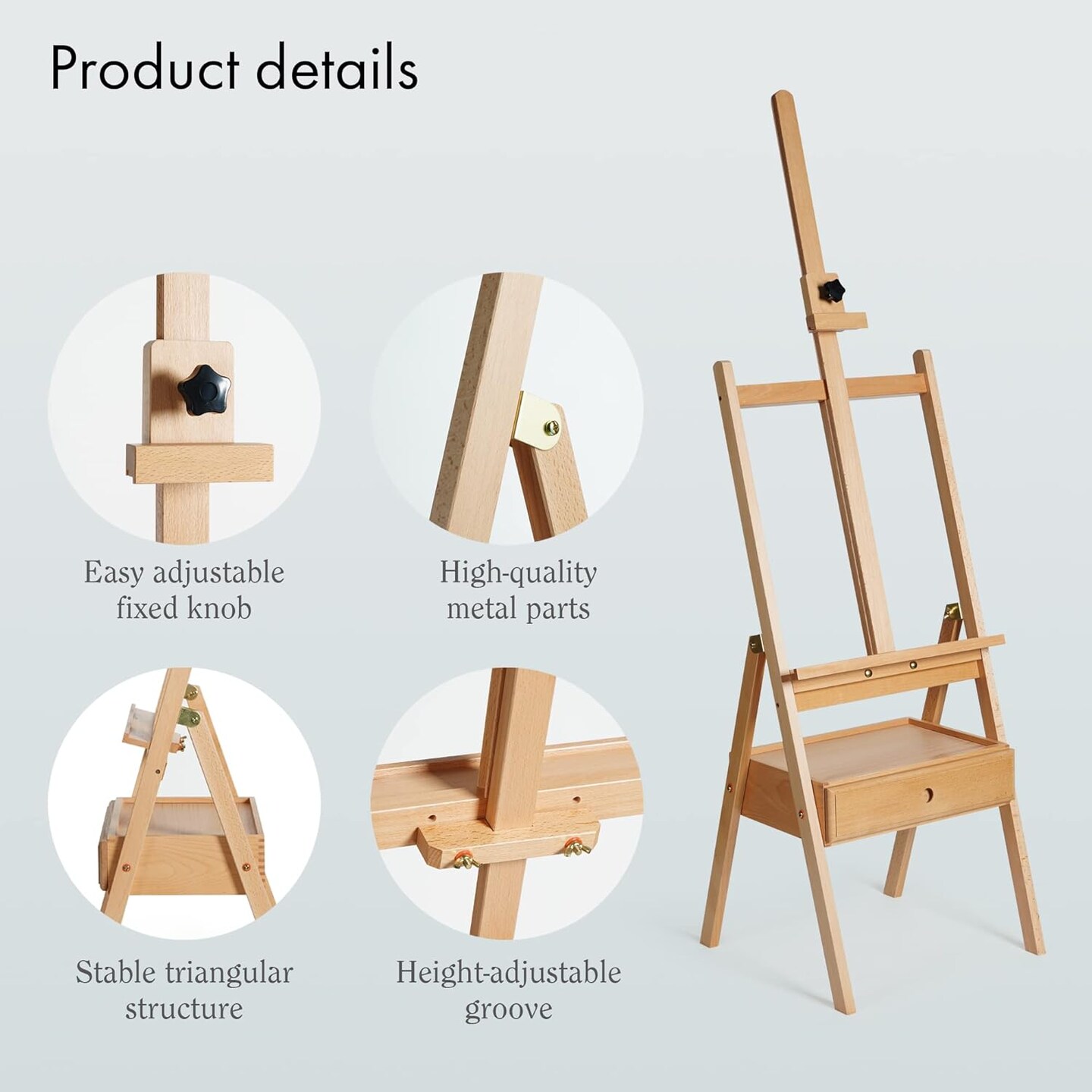ARTIFY Large Wooden H-Frame Studio Easel with Artist Storage Drawer and Shelf, Sturdy Beechwood Canvas Holder Stand, Adjustable to 75&#x22; High