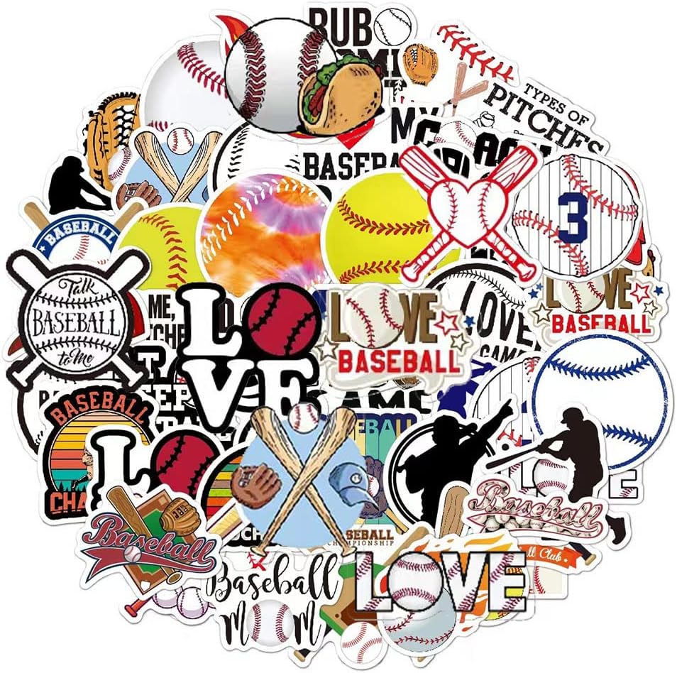 Baseball Stickers | 50 Pcs Baseball Waterproof Vinyl Stickers for Helmet Snowboard Water Bottles Bicycle Laptop Refrigerator Luggage Computer Mobile Phone Bike Decals