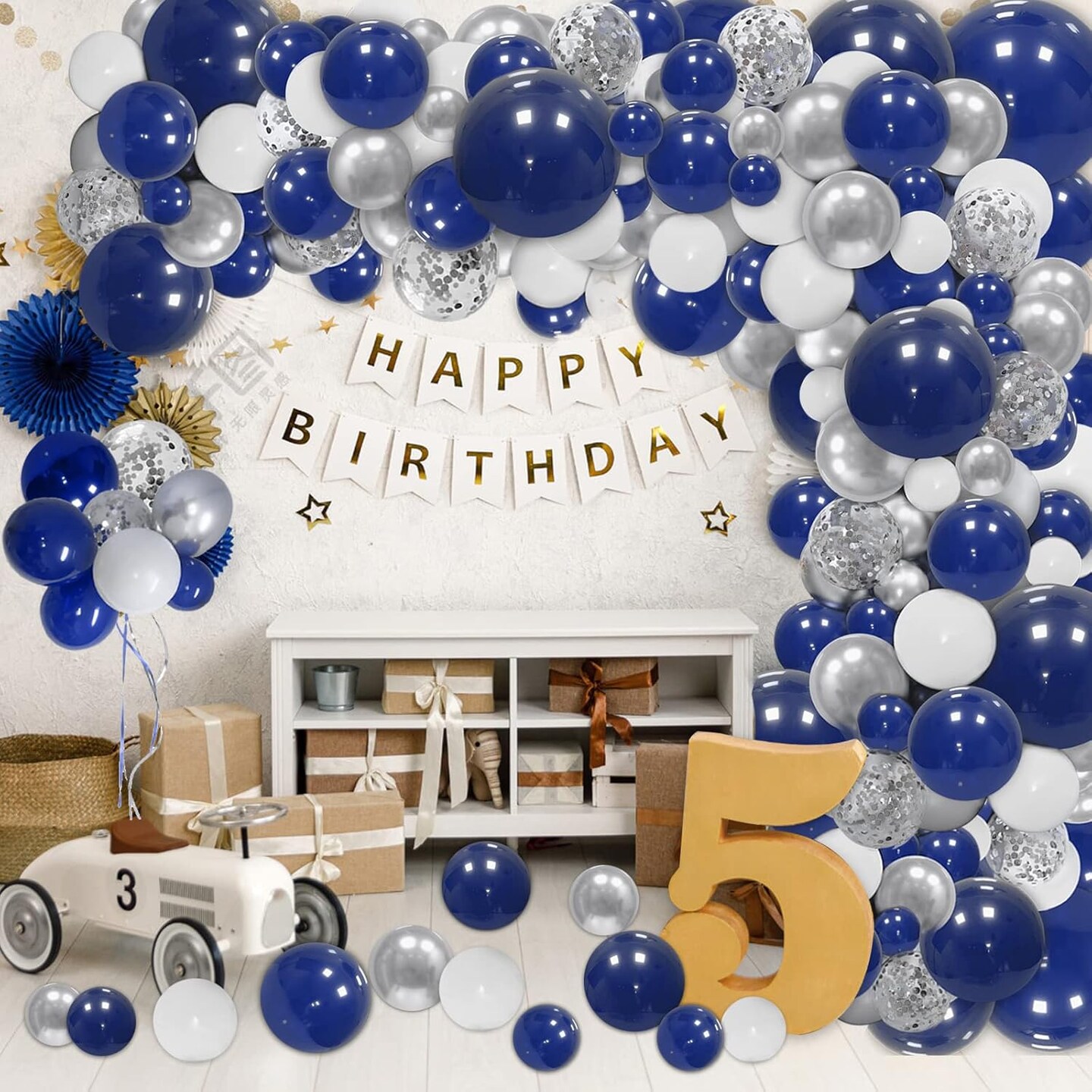 148pcs Navy Blue Silver Balloons Garland Kit, Royal Blue Silver White Confetti Balloon