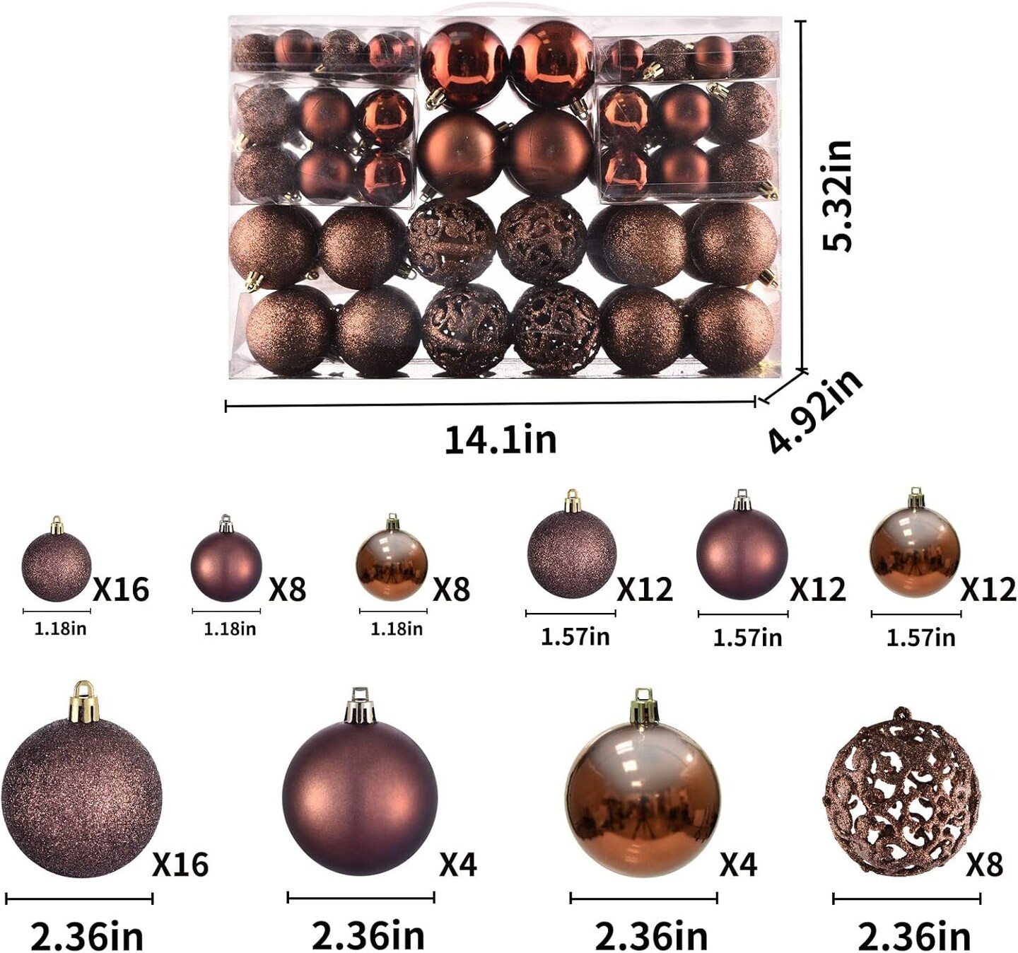 Balls Tree Ornaments, Shatterproof Christmas Decorations Set with Reusable Hand-held Gift Package for Holiday Xmas Tree Decor (100, Brown)
