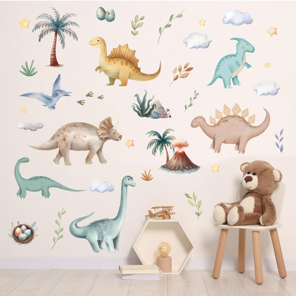 Dinosaur Wall Sticker Peel and Stick Dino Wall Decal Palm Tree Volcano Wall Stickers Green Plant Wall Decals Cute Animal Wall Art Decor for Kids Nursery Bedroom