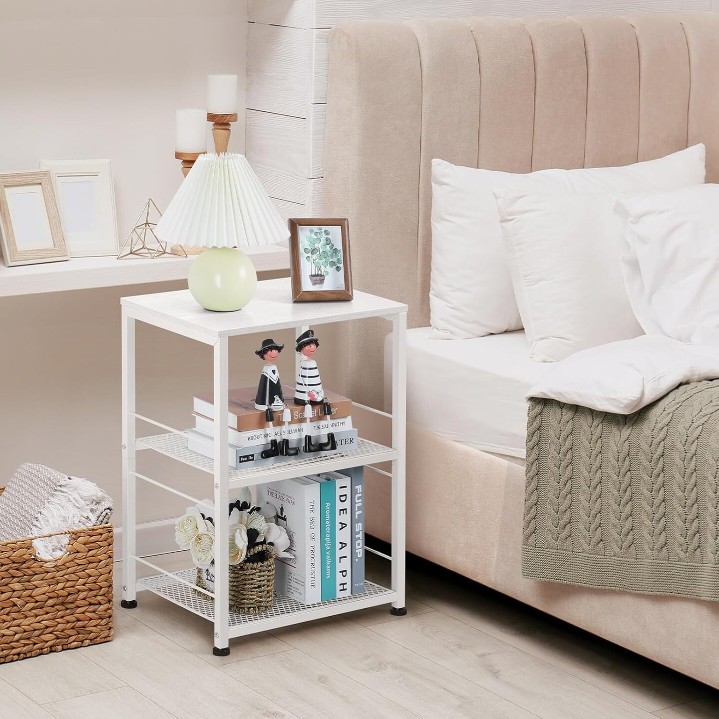 White End Table with 2-Tier Shelf - Multifunctional Side Table for Living Room, Bedroom, Office - Wheels or Adjustable Feet, Easy Assembly