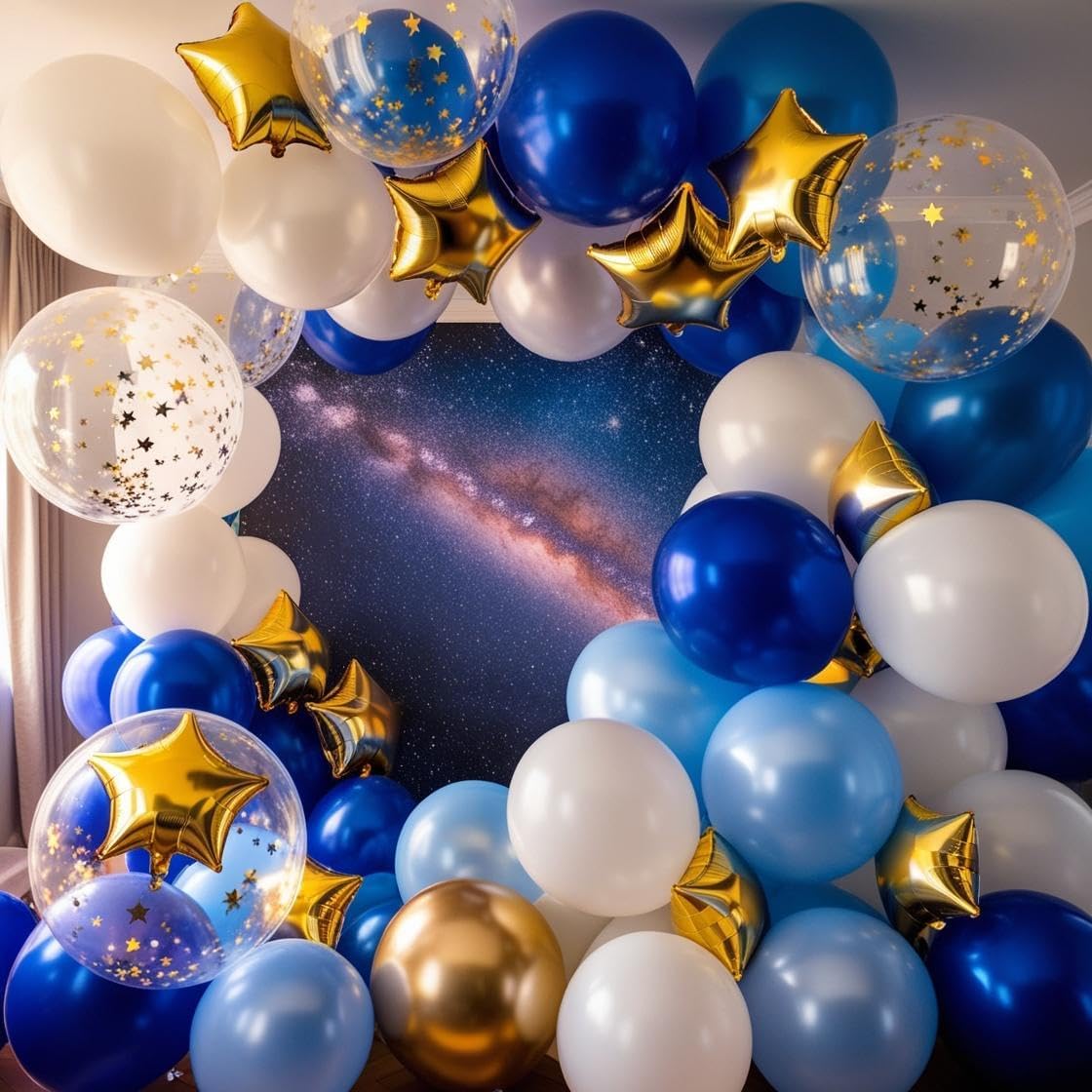 Blue Gold Balloons, 12 Inch Royal Blue and Gold Balloons, Blue and White Gold Balloons Metallic Gold Star Confetti Latex Balloons