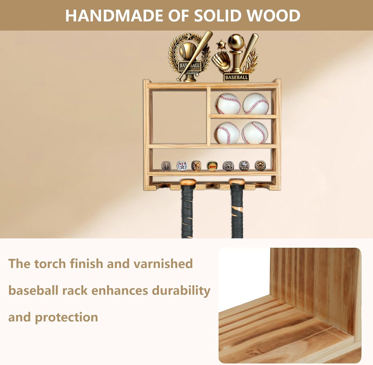 Baseball Display Case, Solid Wood Championship Ring Holder for Wall Mounted, Softball Shelf for Balls, Bat, Rings, Trophies - One Case for All Memorabilia