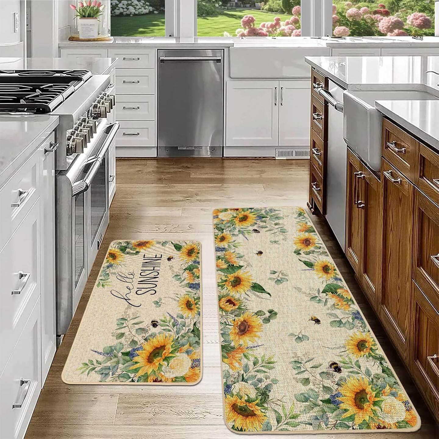 Spring Summer Kitchen Mats Set of 2, Sunflower Floral Bee Kitchen Rugs for Floor Non Slip Absorbent Low-Profile Seasonal Farmhouse Home Decor 17x29 and 17x47 Inch