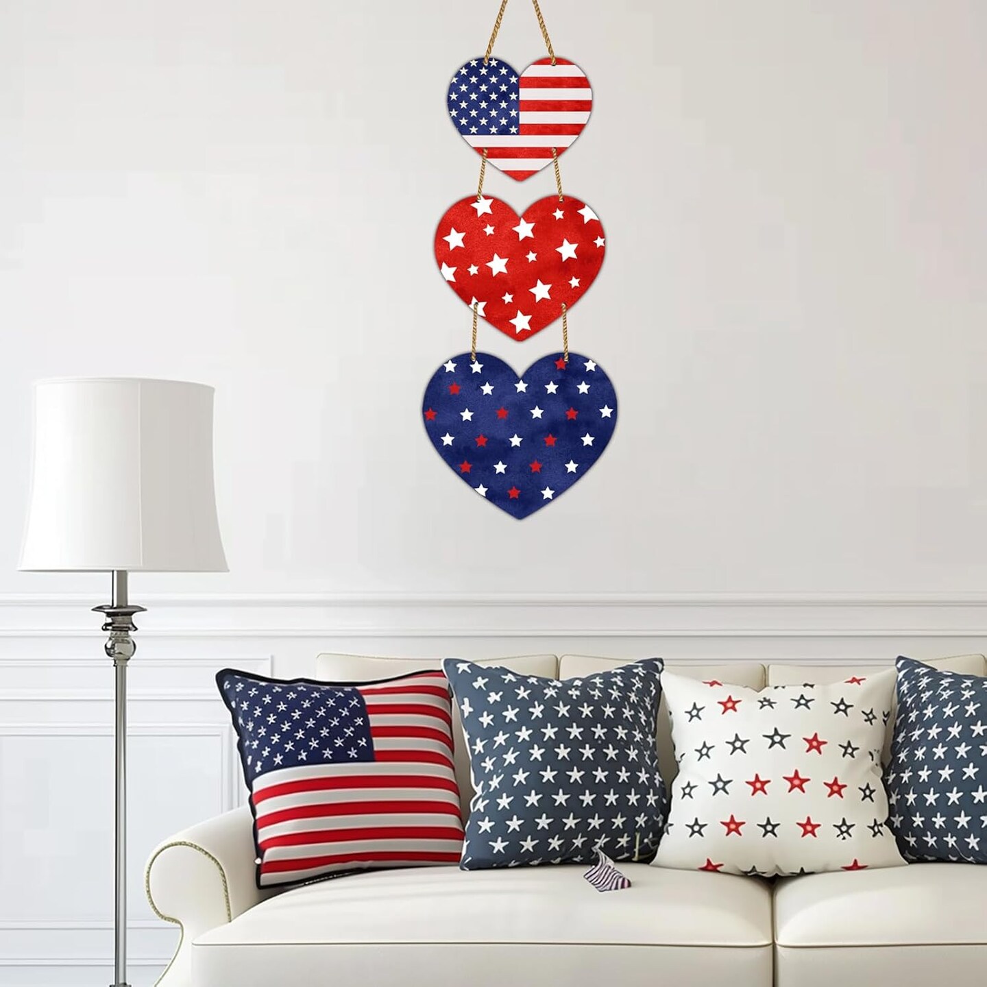 Patriotic Heart Wreath 4th of July, Wooden Hanging Door Decor
