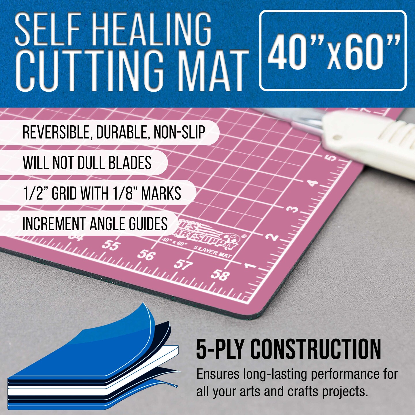 40&#x22; x 60&#x22; Pink/Blue Professional Self Healing 5-Ply Double Sided Durable Non-Slip Cutting Mat Great for Scrapbooking Quilting Sewing Arts &#x26; Crafts