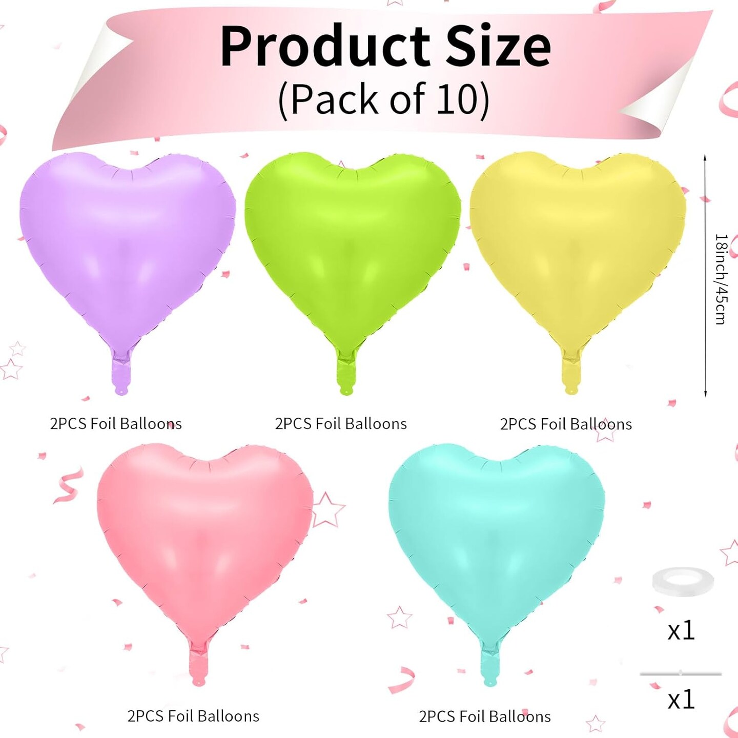 Pastel Heart Balloons, 10 Pcs Macaron Heart Shape - 18inch Pastel Pink Purple Green Teal Yellow Foil Valentines Balloons for Kids Candy Birthday Wedding Baby Shower Decoration