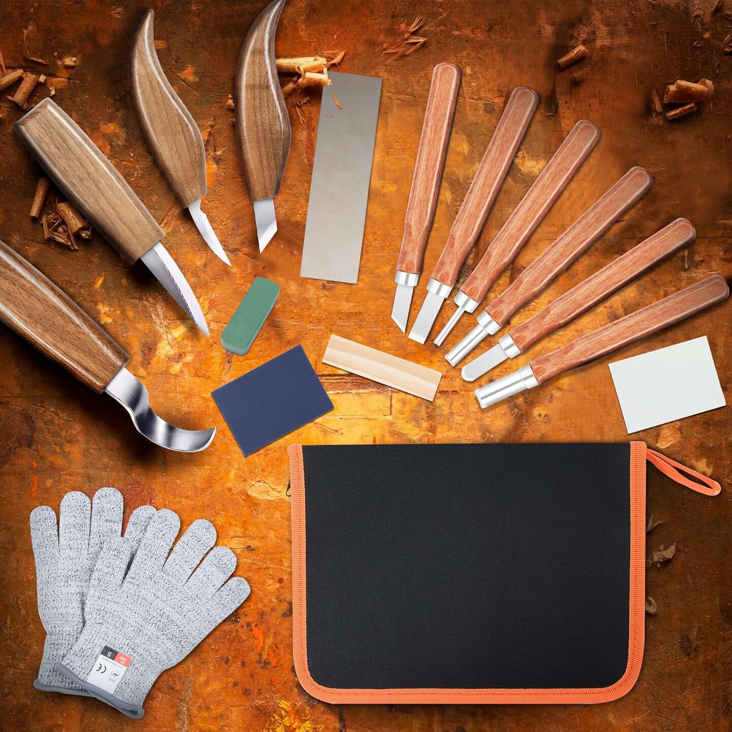 17Pcs Wood Carving Tools Kit - Beginner&#x27;s Wood Whittling Set with 6Pcs Carbon Steel Knife, Gloves, Knife Sharpener for Spoon, Bowl, Kuksa Cup