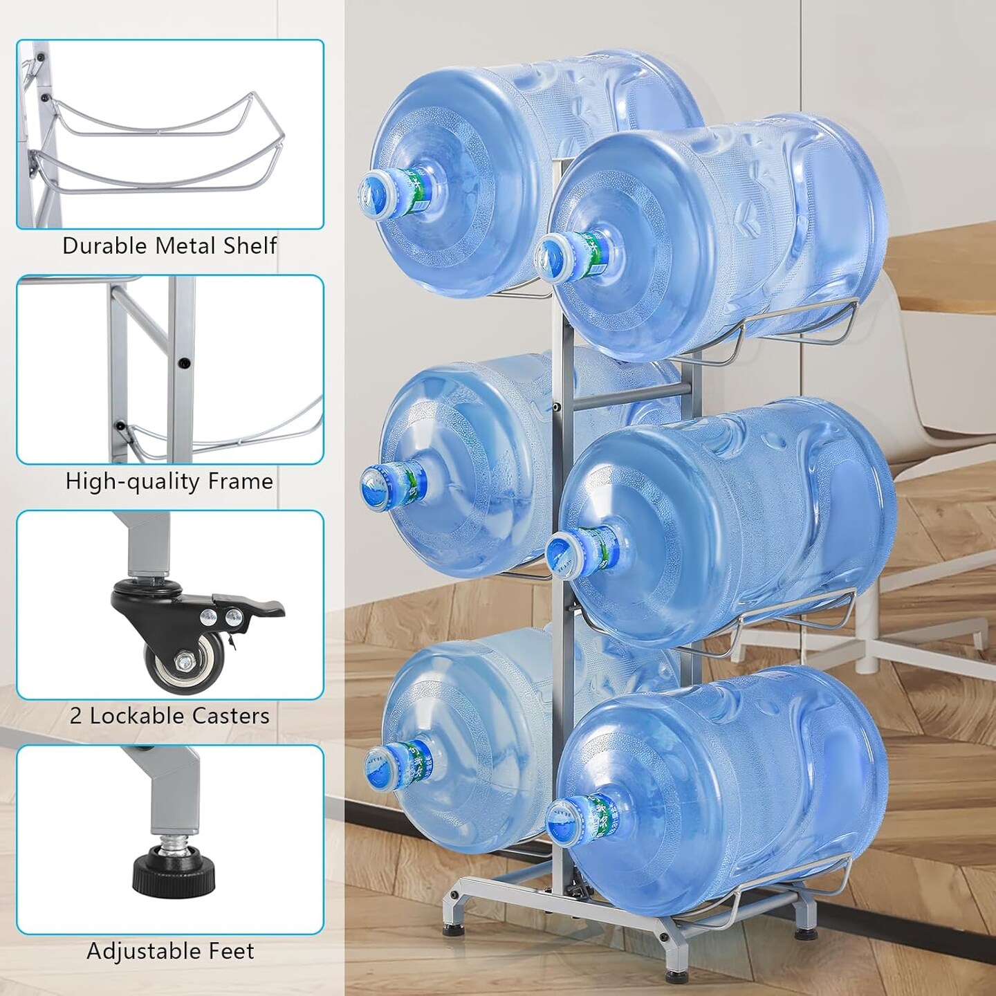 5 Gallon Water Cooler Jug Rack for 6 Bottles - 3-Tier Heavy-Duty Stand with Wheels, Silver, Space-Saving Storage for Home, Office, Garage