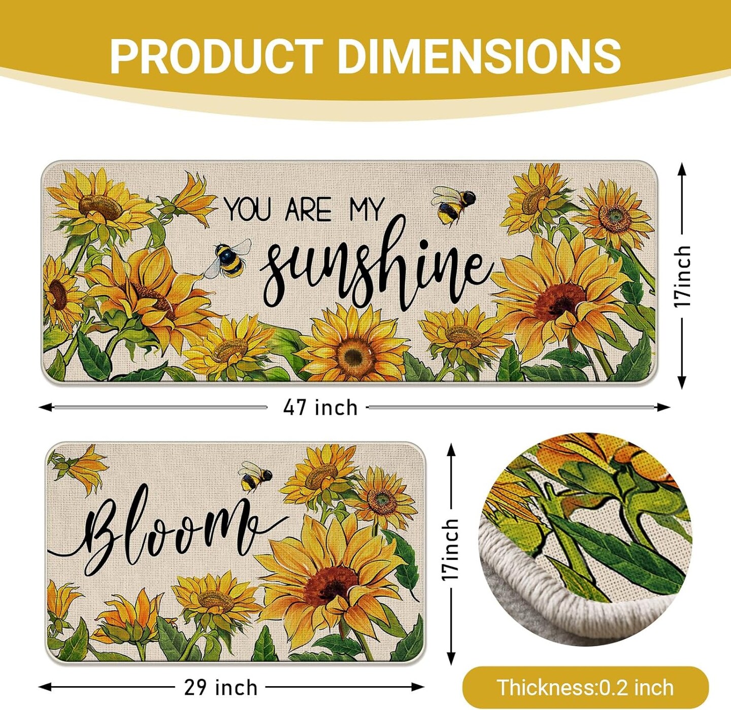 Spring Summer Sunflower Kitchen Rugs Set of 2, Fall Flower Bee Bloom You are My Sunshine Kitchen Mats Home Decor, Floral Seasonal Floor Door Mat Decorations - 17x29 and 17x47 Inches