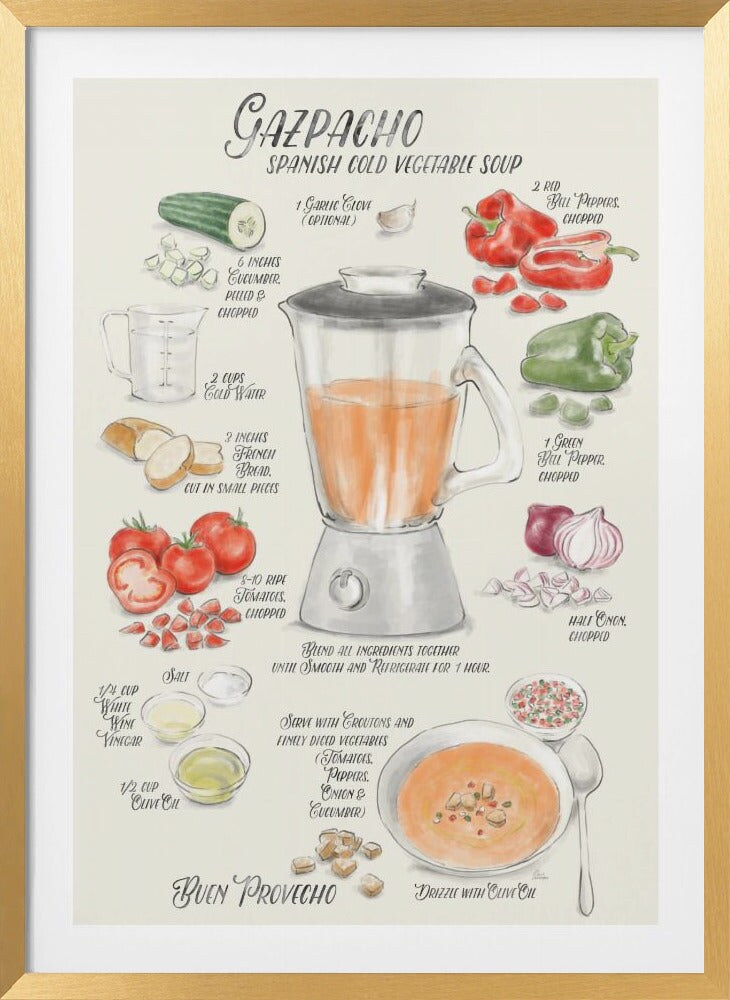 Gazpacho illustrated recipe in English by Rosana Laiz Blursbyai Framed Art