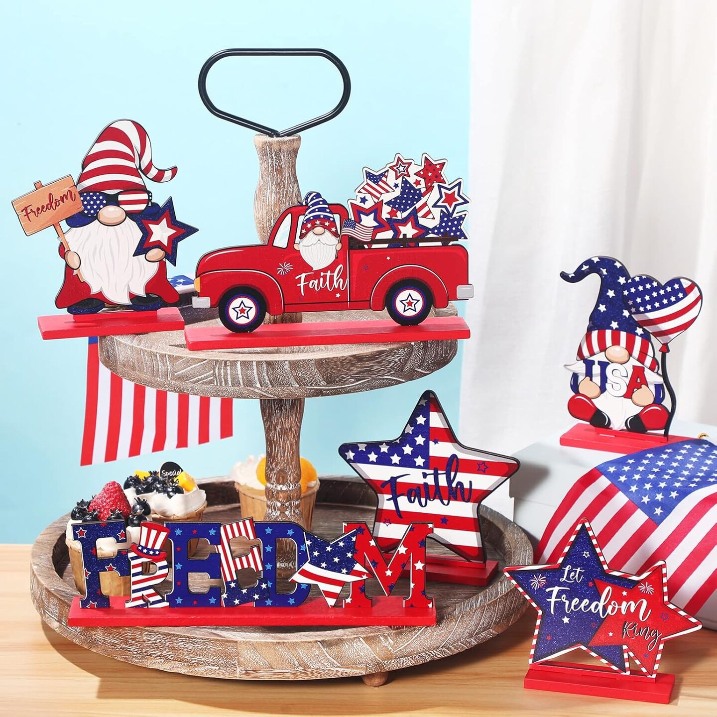 6 Pieces Patriotic Table Decor Memorial Day Table Decorations Wooden Gnome Freedom Truck Star 4th of July