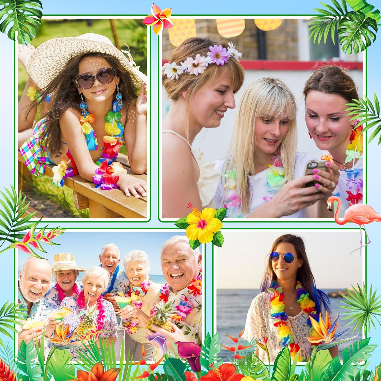 150 Count Summer Garland Hawaiian Lei Bulk, Tropical Luau Hawaii Theme Silk Flower Necklace