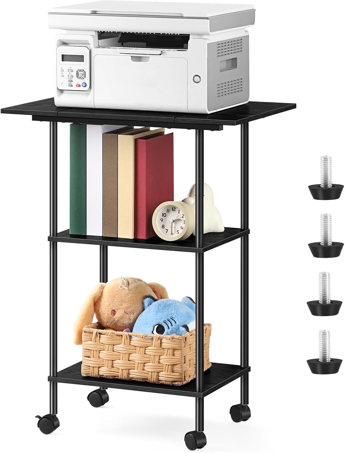 Black Modern 3-Tier Rolling Printer Stand with Wheels &#x26; Storage - Adjustable Feet, Large Desktop for Printers, Scanners, Office Supplies (23.6&#x22;W/60cm x 15.7&#x22;D/40cm x 31.5&#x22;H/80cm)