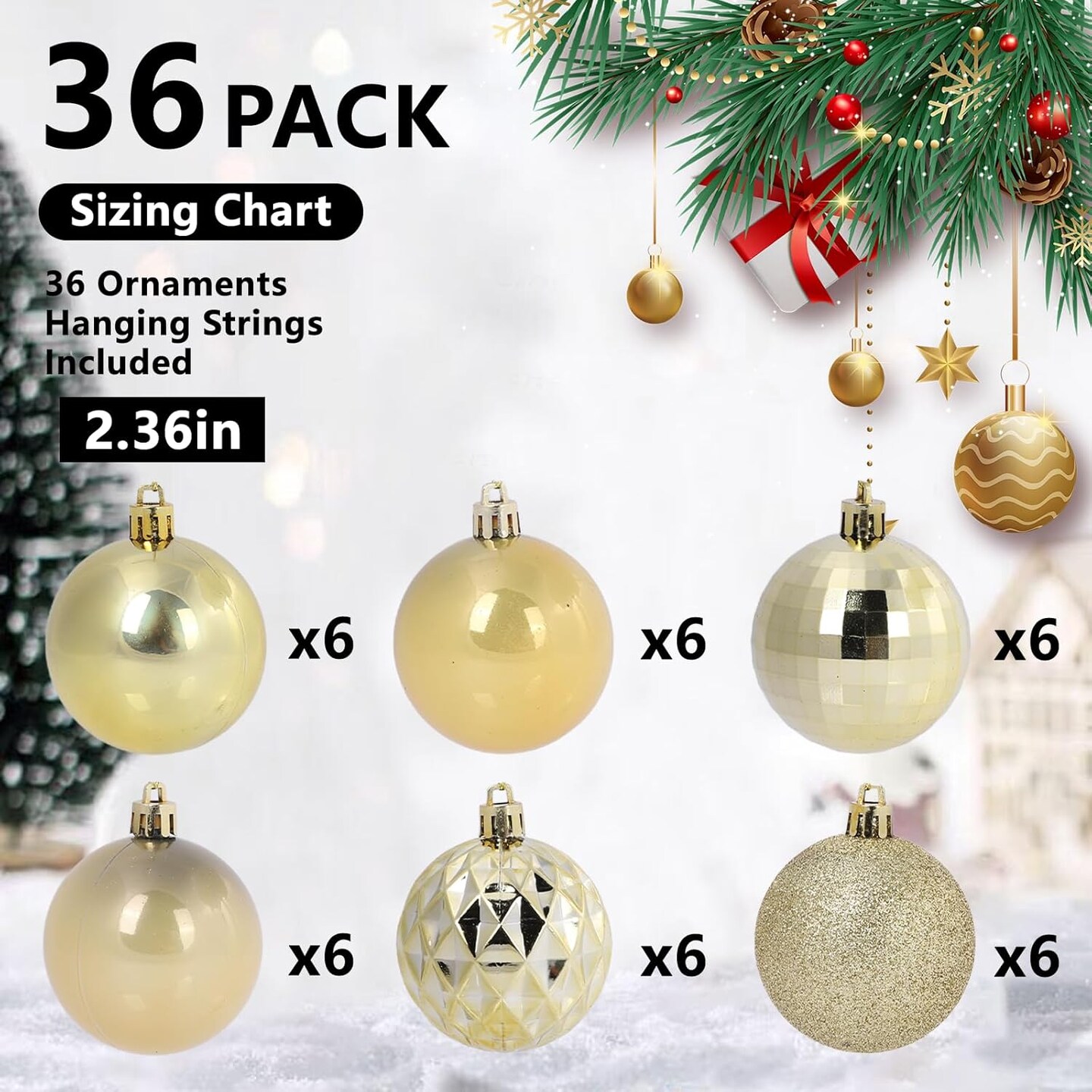 36 Pcs Christmas Ball Ornaments Gold Christmas Ornaments Set for Christmas Tree Decorations Shatterproof Large Christmas Decorations Ornaments Bulk Balls 2.36 Inches Hanging Decor for Xmas