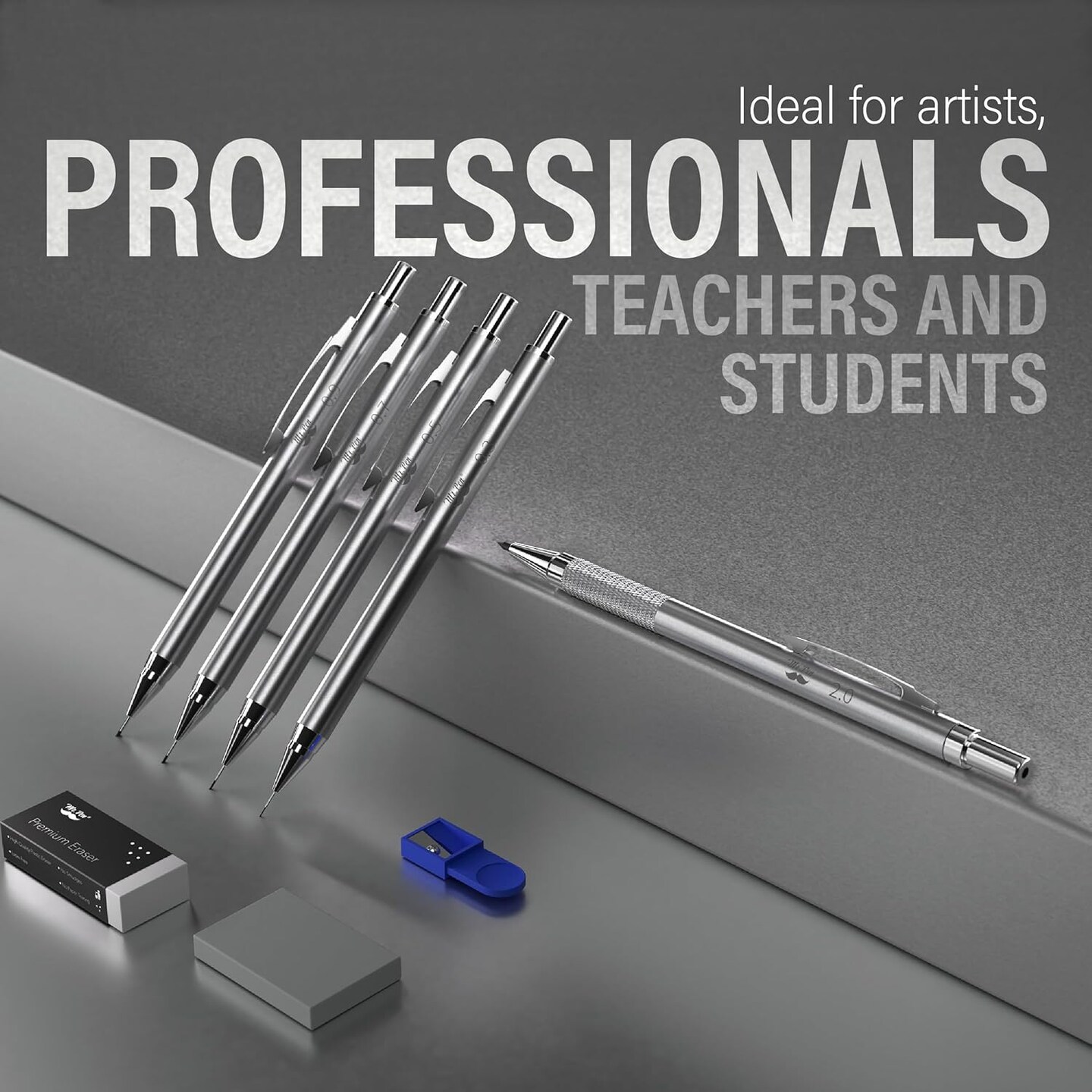 Metal Mechanical Pencil Set in Leather Case, 5 Sizes, 0.3, 0.5, 0.7, 0.9, 2mm, mechanical pencils, Sketching Pencils, Drafting Pencil