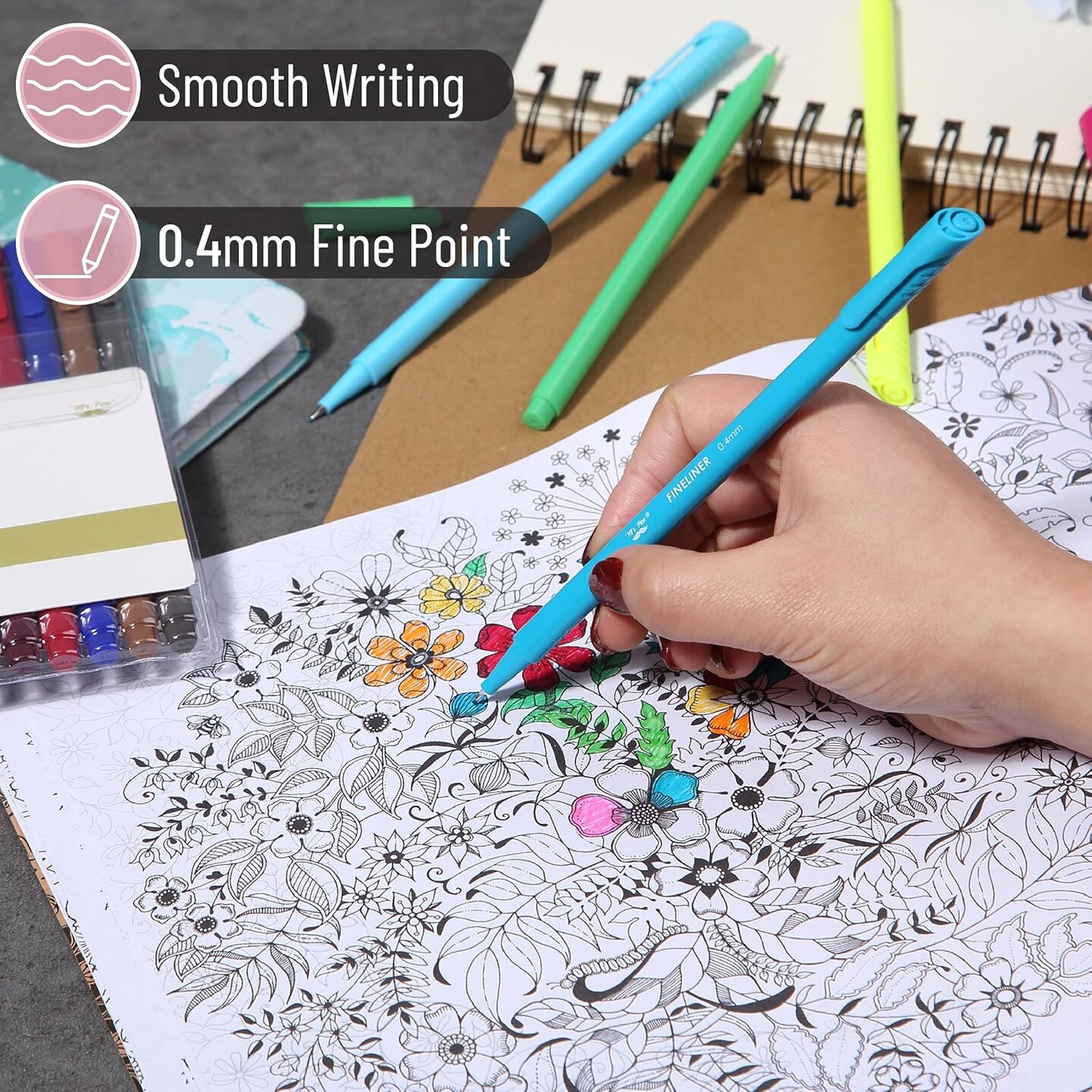 Fineliner Pens Colored, 24 Pack, Ergonomic Triangular Colorful Barrels, 0.4mm Fine Liner Pens