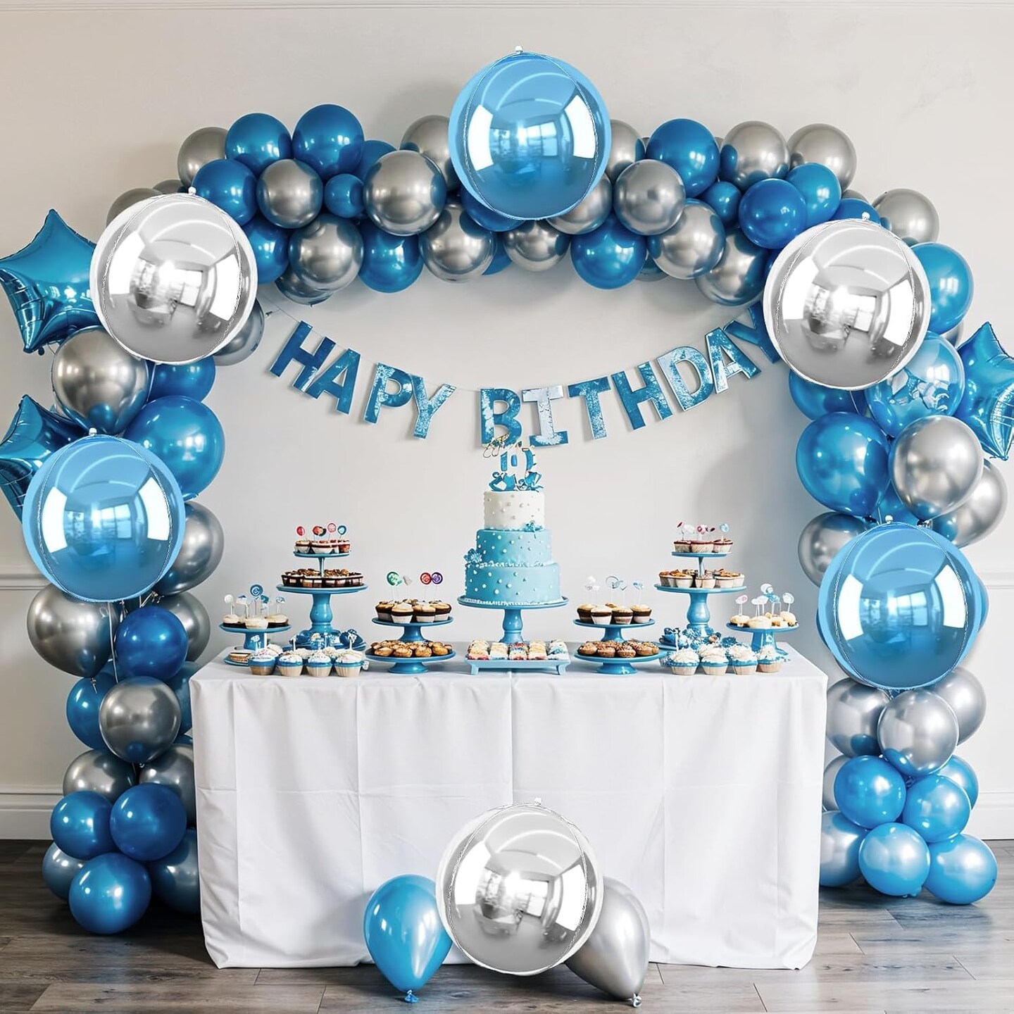 6Pcs Blue Silver Round Mylar Foil Balloons, 22inch 4D Metallic Silver Blue Mylar Balloons, Large Round Foil Ball Balloon for Boys Men