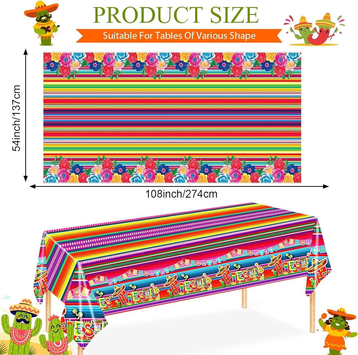 3 Pieces Different Mexican Fiesta Tablecloth Disposable Plastic Table Covers for Cinco de Mayo Mexico Theme Party Supplies Floral Stripes Rectangle Table Covers&#xFF08;108 x 54 Inches&#xFF09;