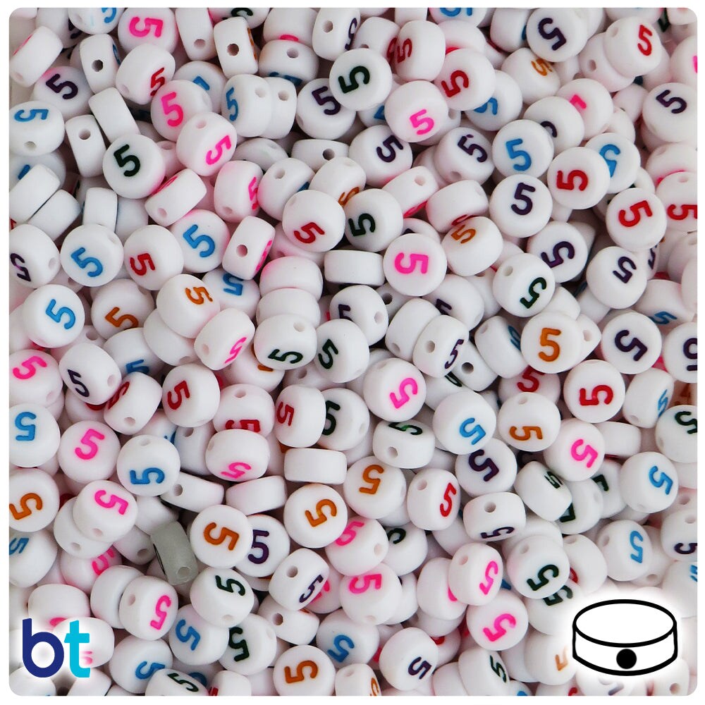 BeadTin White Opaque 7mm Coin Plastic Alpha Beads - Colored Number 5 (100pcs)
