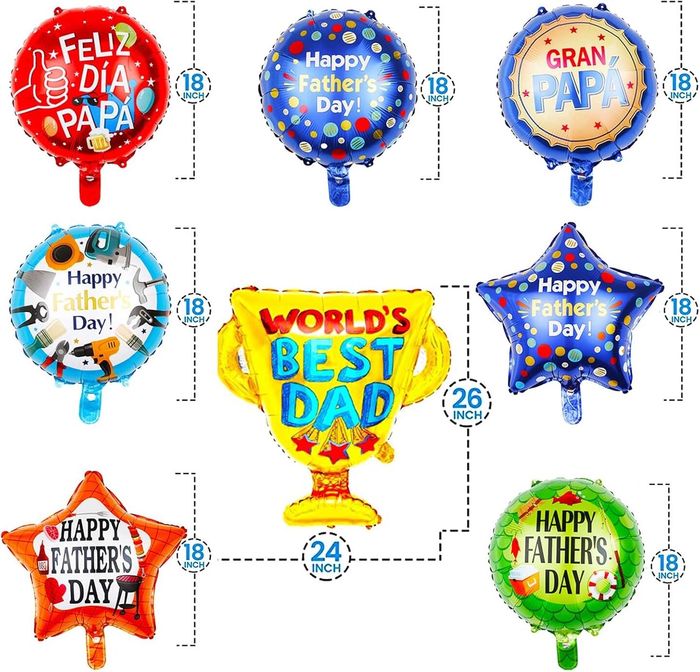 15Pcs Happy Fathers Day Balloons Party Decorations, 18 inch Feliz Dia PaPa Foil Balloons, Worlds Best Dad Balloons for Father&#x27;s Day Party Birthday Decorations Supplies
