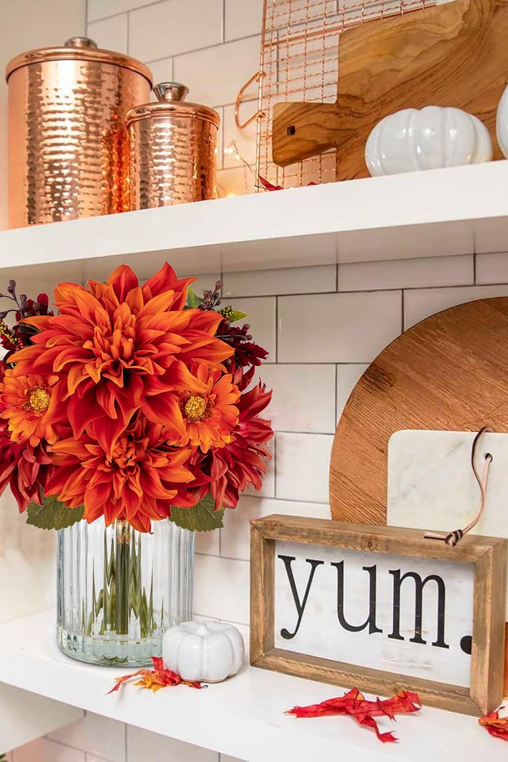 Fake Fall Flowers with Vase, Artificial Dahlia &#x26; Mum Silk Floral Arrangement with Glass Vase Faux Autumn Flowers Bouquet for Home Office Room Coffee Table Centerpiece Wedding Decoration