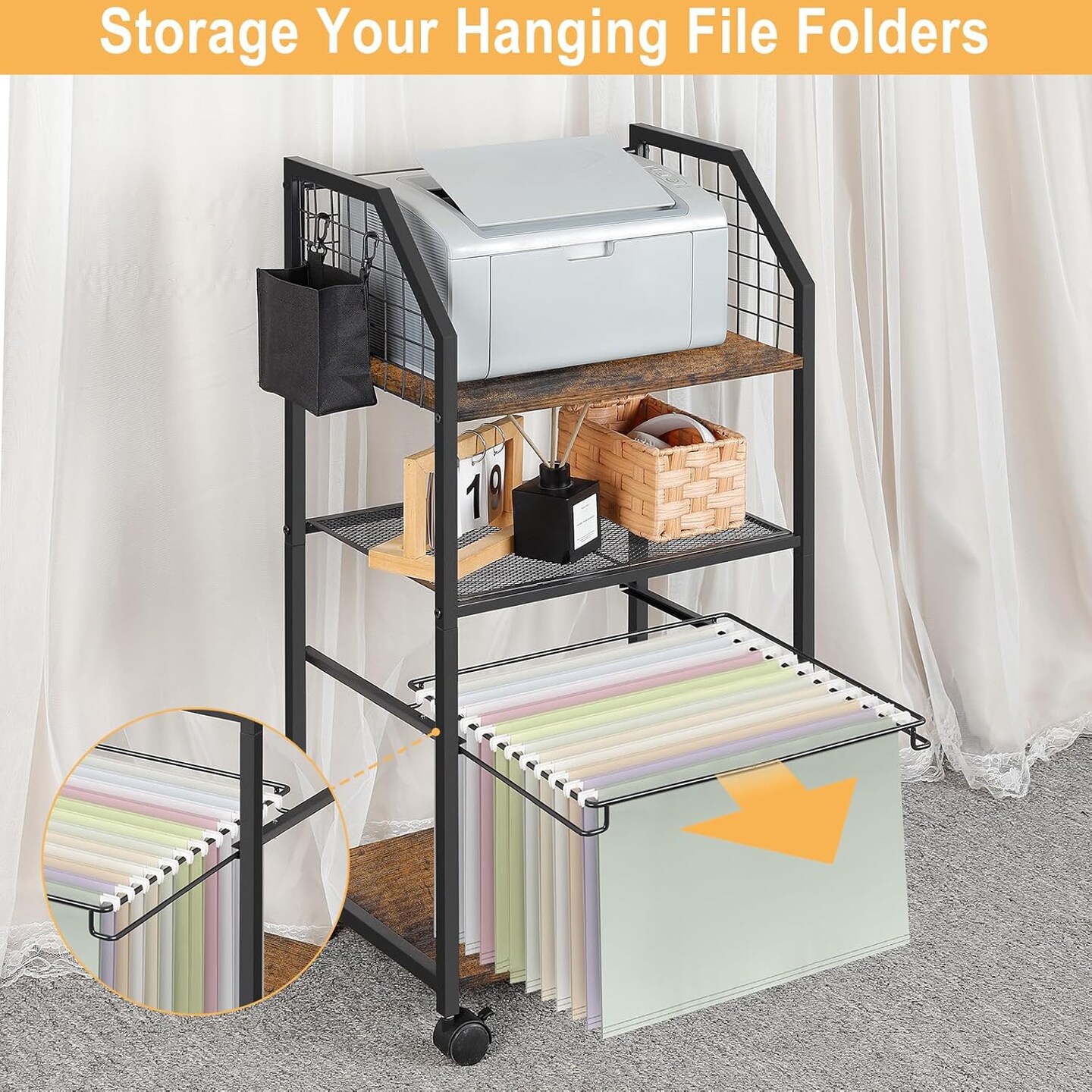 3-Tier Rolling File Cart with Lockable Wheels - Under Desk Organizer, Hanging File Rack for Letter Size, Mobile Office Storage for Home, School, Brown