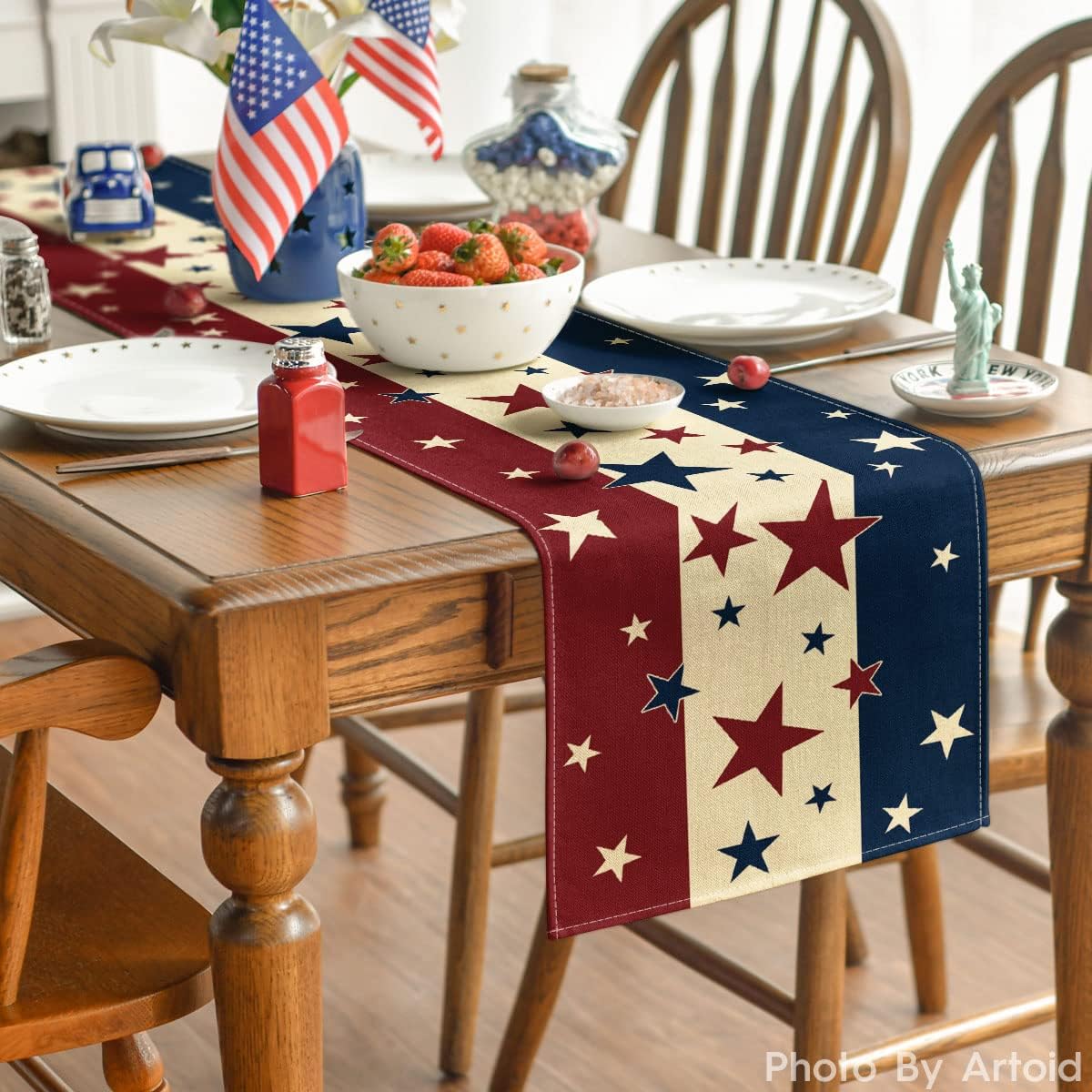 Patriotic Stars & Stripes Table Runner – Red, White, and Blue Design for 4th of July, Memorial Day, and Independence Day. Perfect Kitchen and Dining Table Decoration for Home, Parties, and Holiday Celebrations. 13 x 72 Inches.