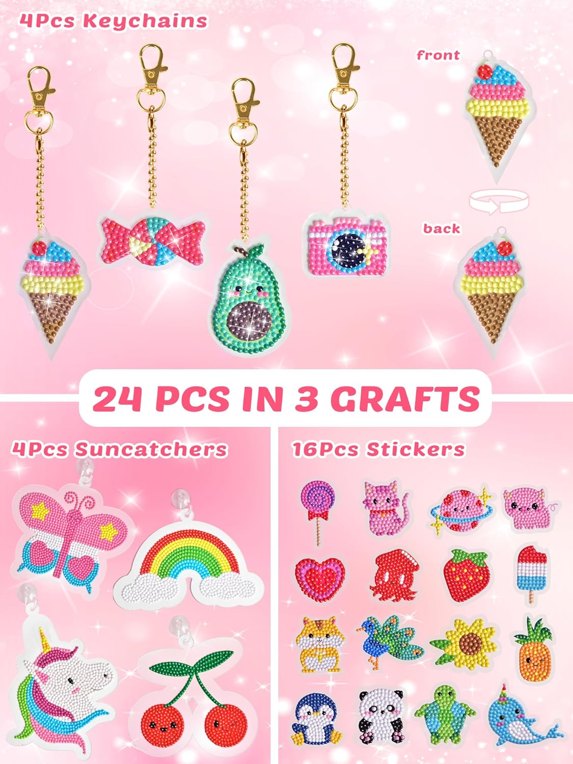 24Pcs Summer Diamond Art Kits for Kids, Diamond Painting Kits, Arts and Crafts for Kids Ages 6-8-12, Gem Art As Gifts Ideas for Girls Boys, Small Diamond Painting Stickers, Kids Craft Age 6+