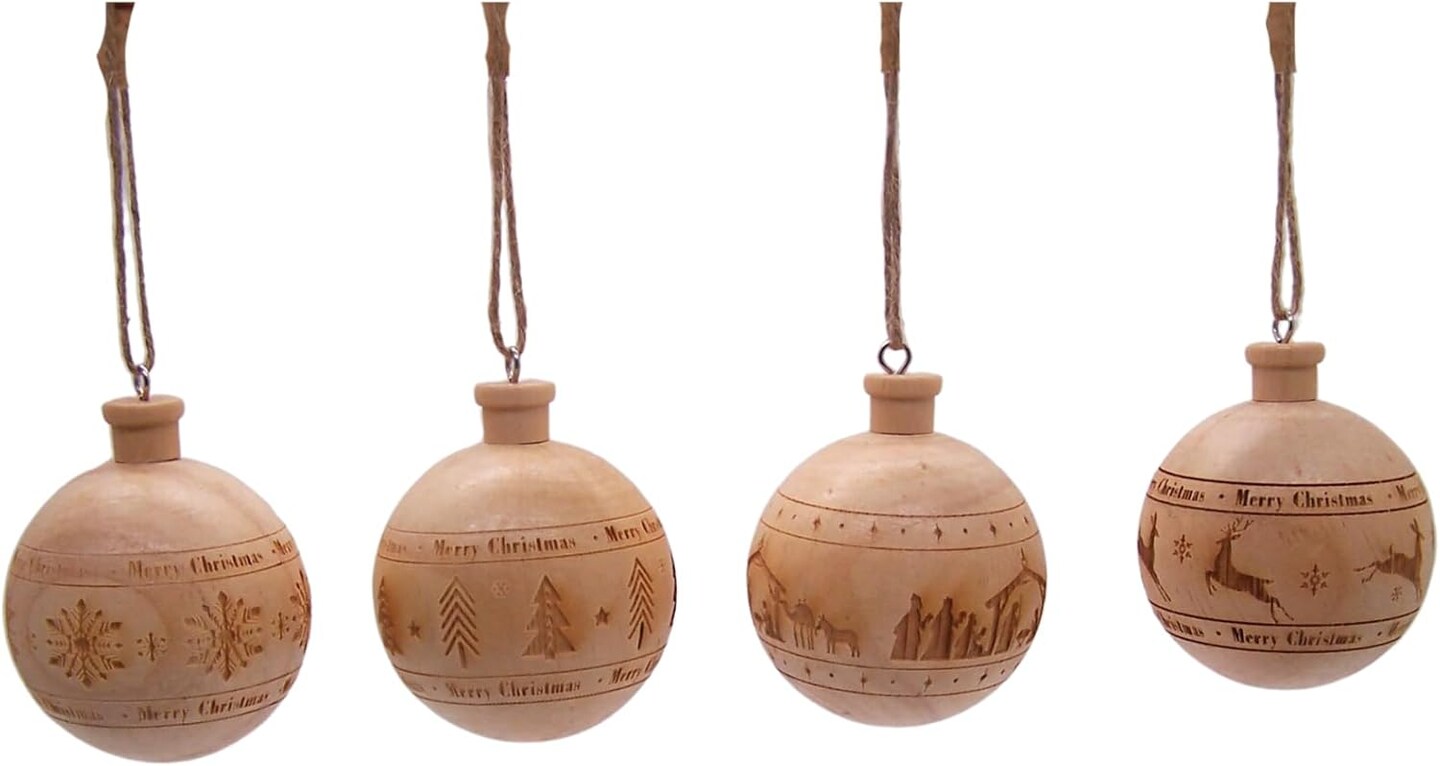 Wooden Ball Christmas Ornaments, Festive Hanging Holiday D&#xE9;cor, Assorted Designs, 2.4 Inches