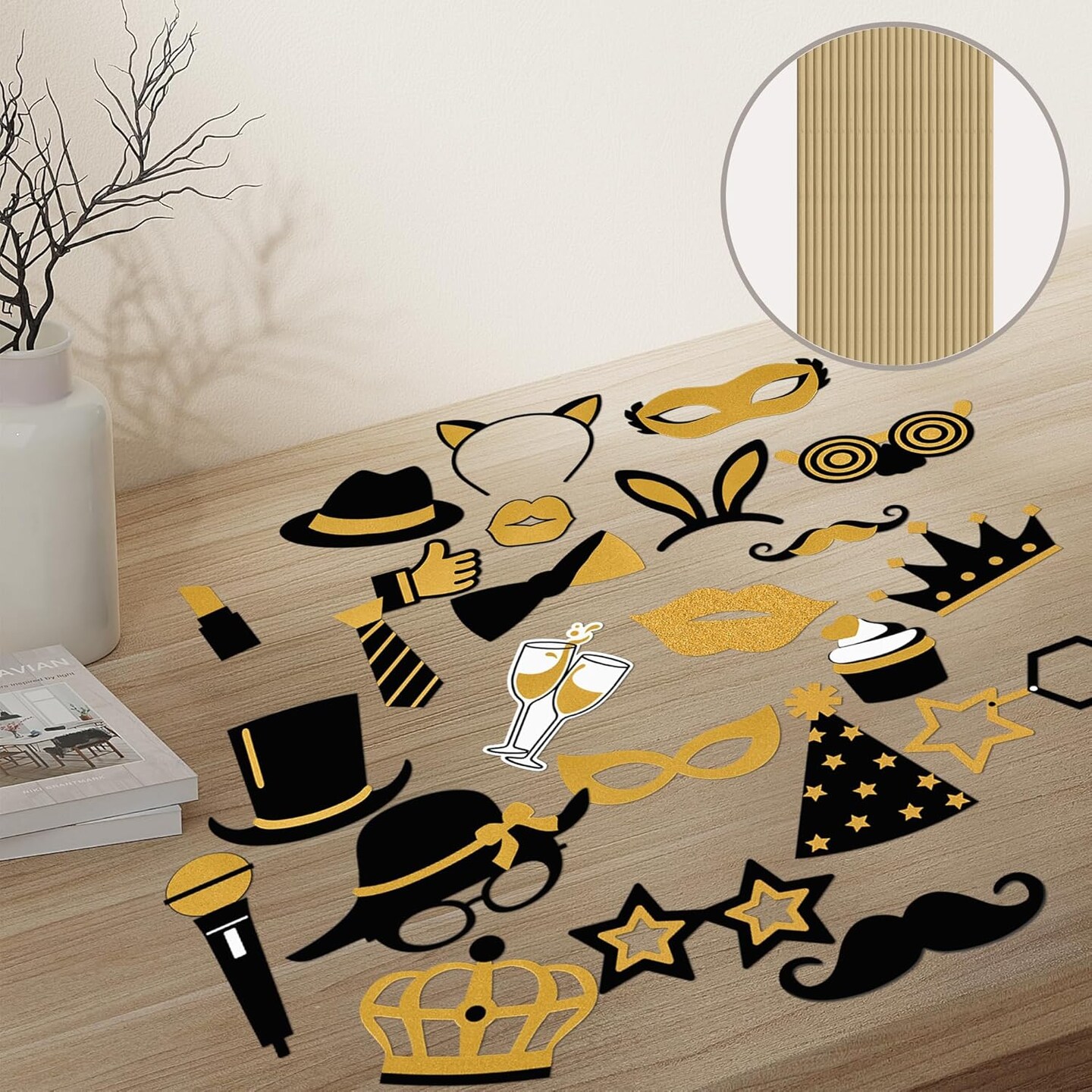 Photo Booth Props, 24PCS Photobooth Props, Funny Photo Props Party Props Accessories for Adults and Kids, Photo Booth Props for Wedding Birthday Christmas New Year&#x2018;s Eve(Black+Gold)