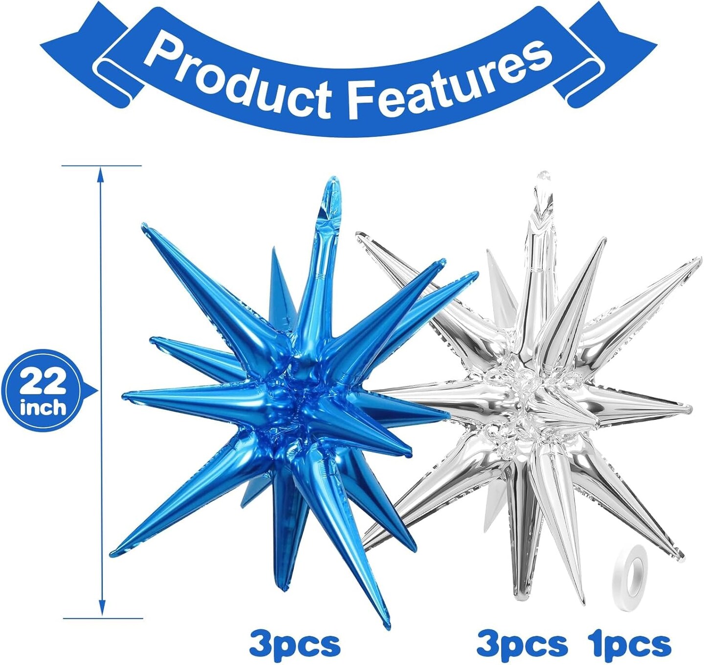 22in Blue & Silver Star Spike Foil Balloons – Party Decor for Birthday, Graduation & Wedding