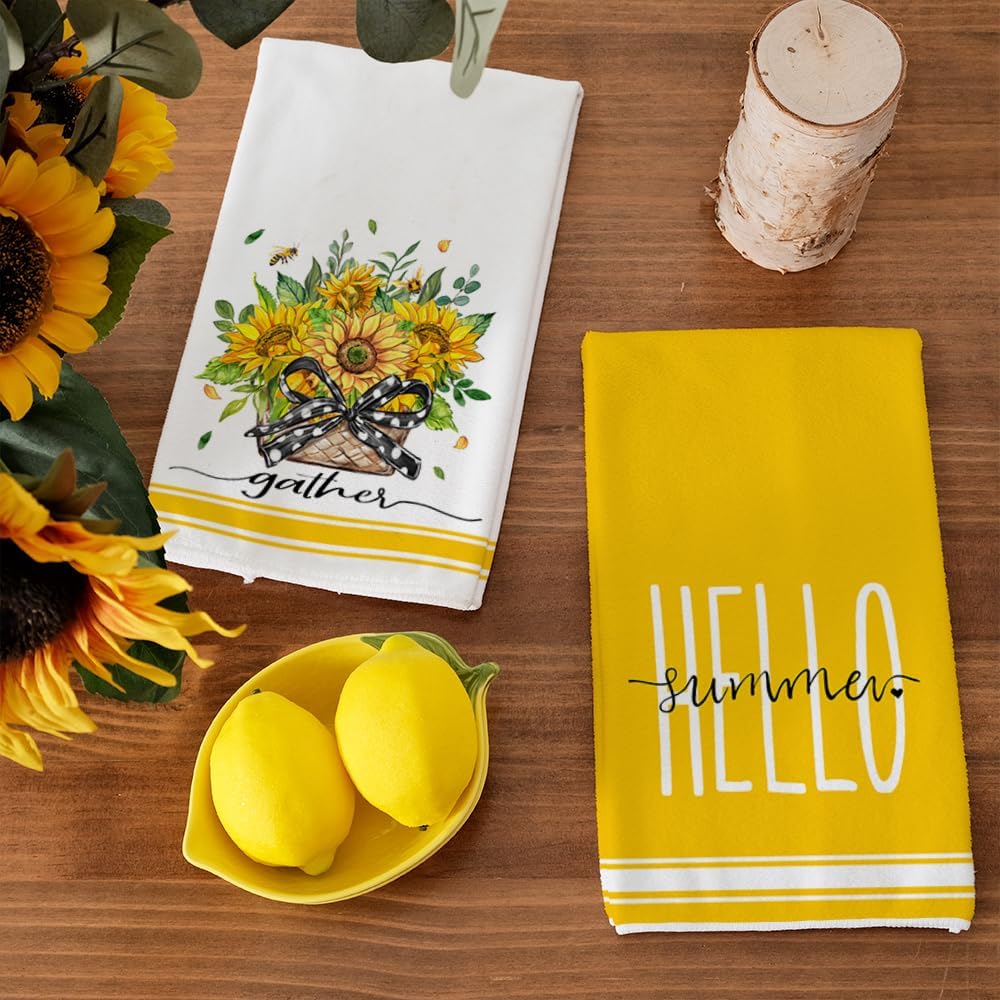 Sunflower Hello Summer Kitchen Towels Dish Towels Set of 2,Yellow Basket Floral Hand Towels 18x26 Inch Drying Dishcloth,Farmhouse Home Seasonal Holiday Summer Decorations AD318
