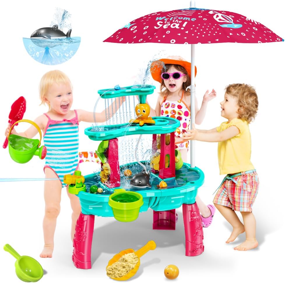 Summer Sand Water Table Toys for Toddlers Kids - with Water Pumb &#x26; Umbrella 3-Tier Kids Splash Table, Water Play Toys for Outside Outdoor Backyard, Toddler Sand Sensory Table for Boys Girls