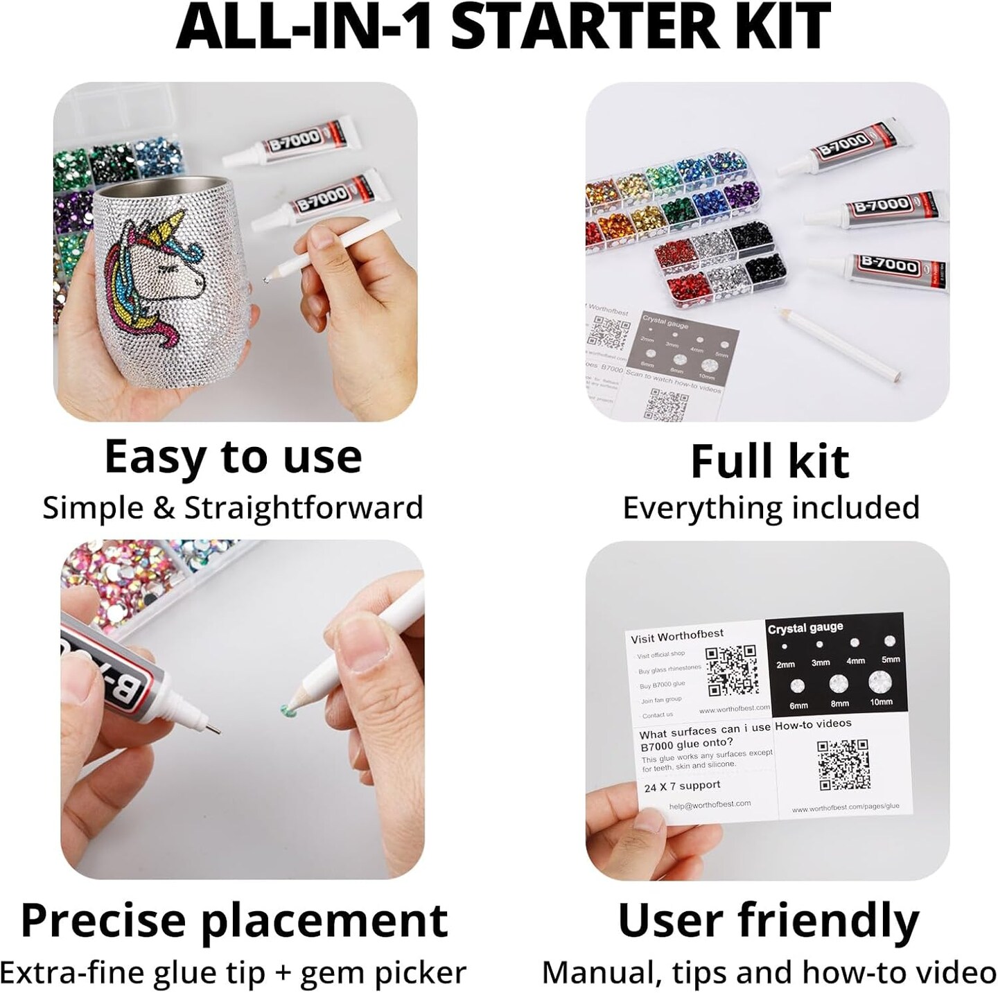 B7000 Glue with 7,500 Clear & Silver Rhinestones – Flatback Gems 2-5mm, 4 Sizes for Crafts, Clothing, Shoes & DIY Projects