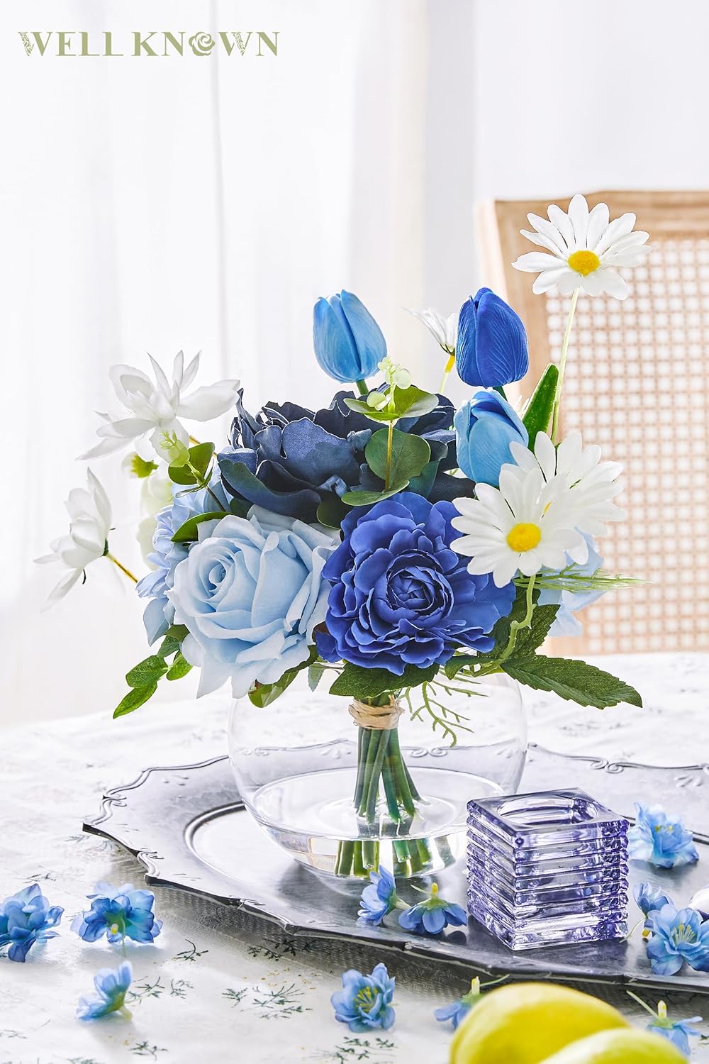 Artificial Flowers with Vase Silk Flower Arrangements in Round Bowl Vase with Faux Water for Home Table Decoration (Mixed Blue)