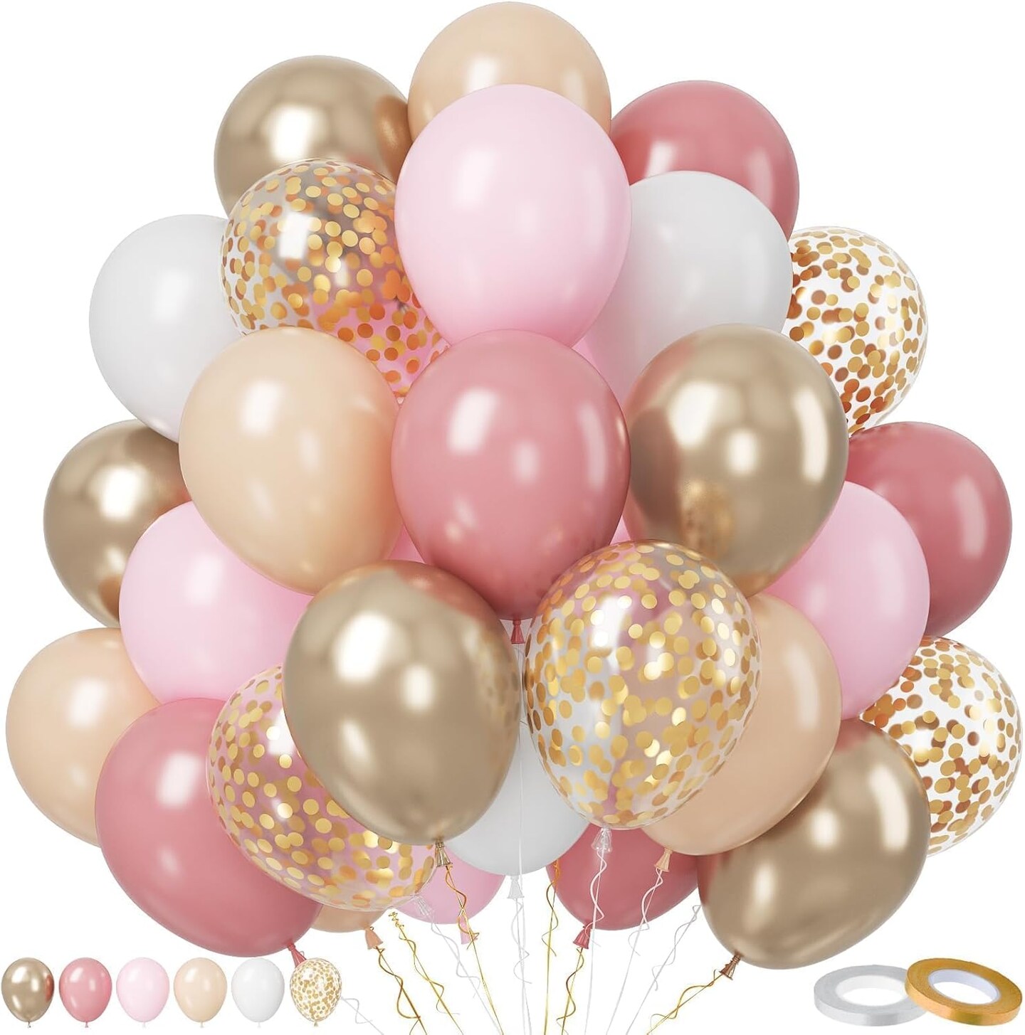 lush Pink Balloons Set, 50 Pcs Pink and Champagne Gold Balloons