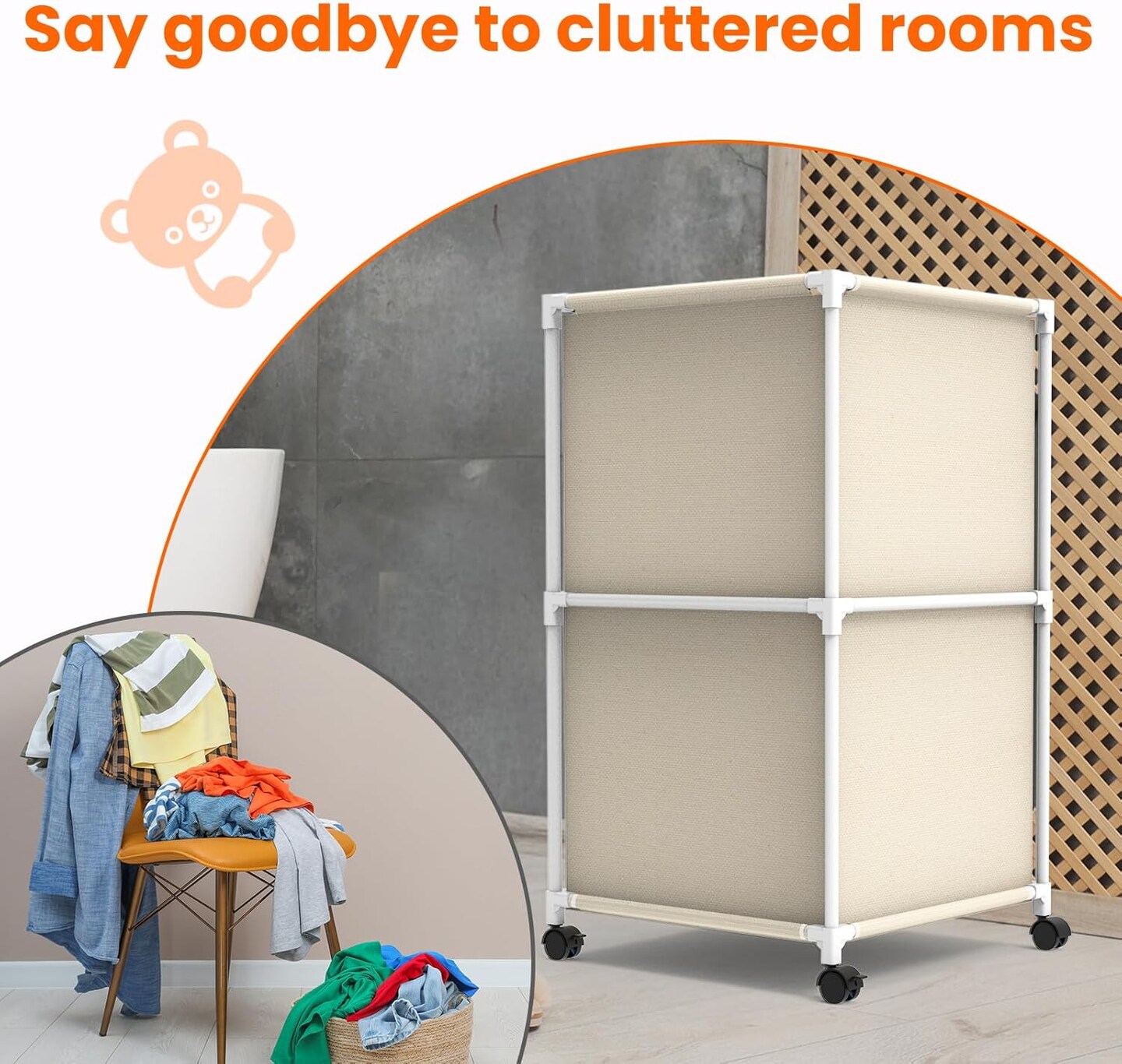 32Gal Large Laundry Hamper with Wheels - Rolling Clothes Basket, 120L Oxford Fabric Storage for Bedroom, Dorm, Laundry Room, Beige