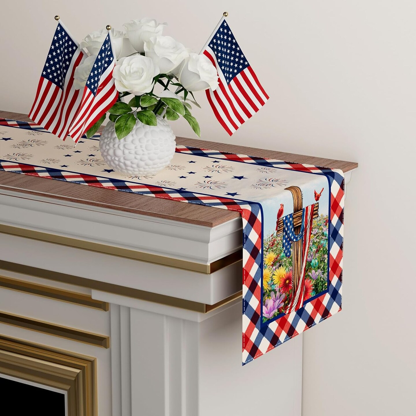 Flowers Cardinals Birds Stars Patriotic 4th of July Memorial Day America Independence Day Table Runner Decoration for Home Kitchen Holiday Party